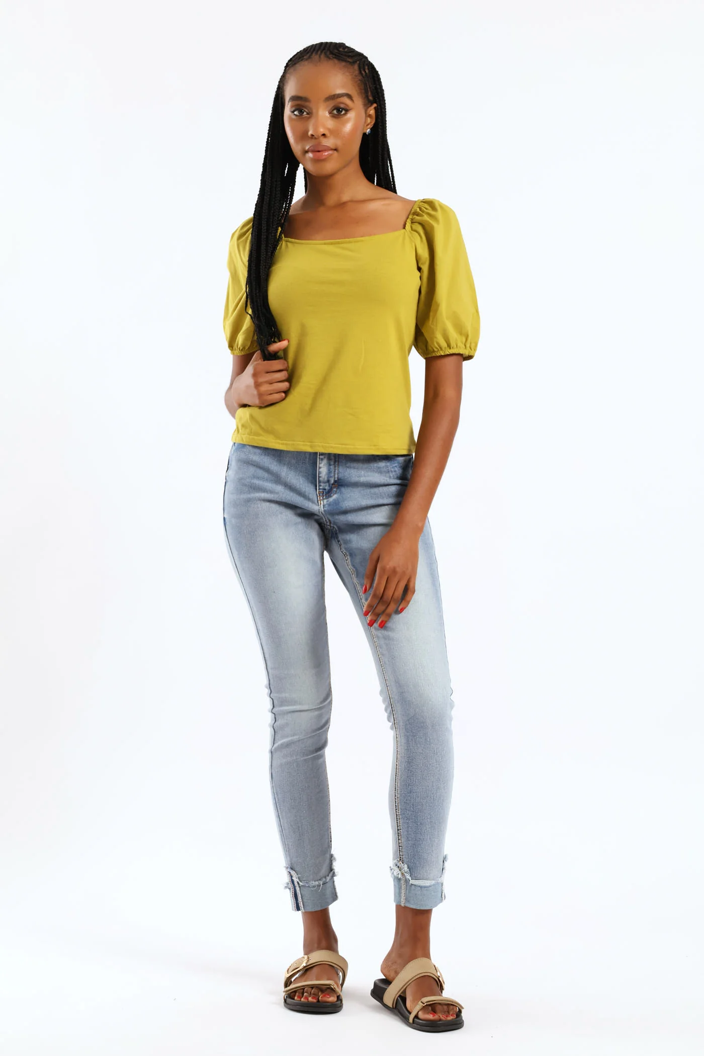 Hi Waist Mid Rise Turnup Skinny Denim - Light Wash - Image 10