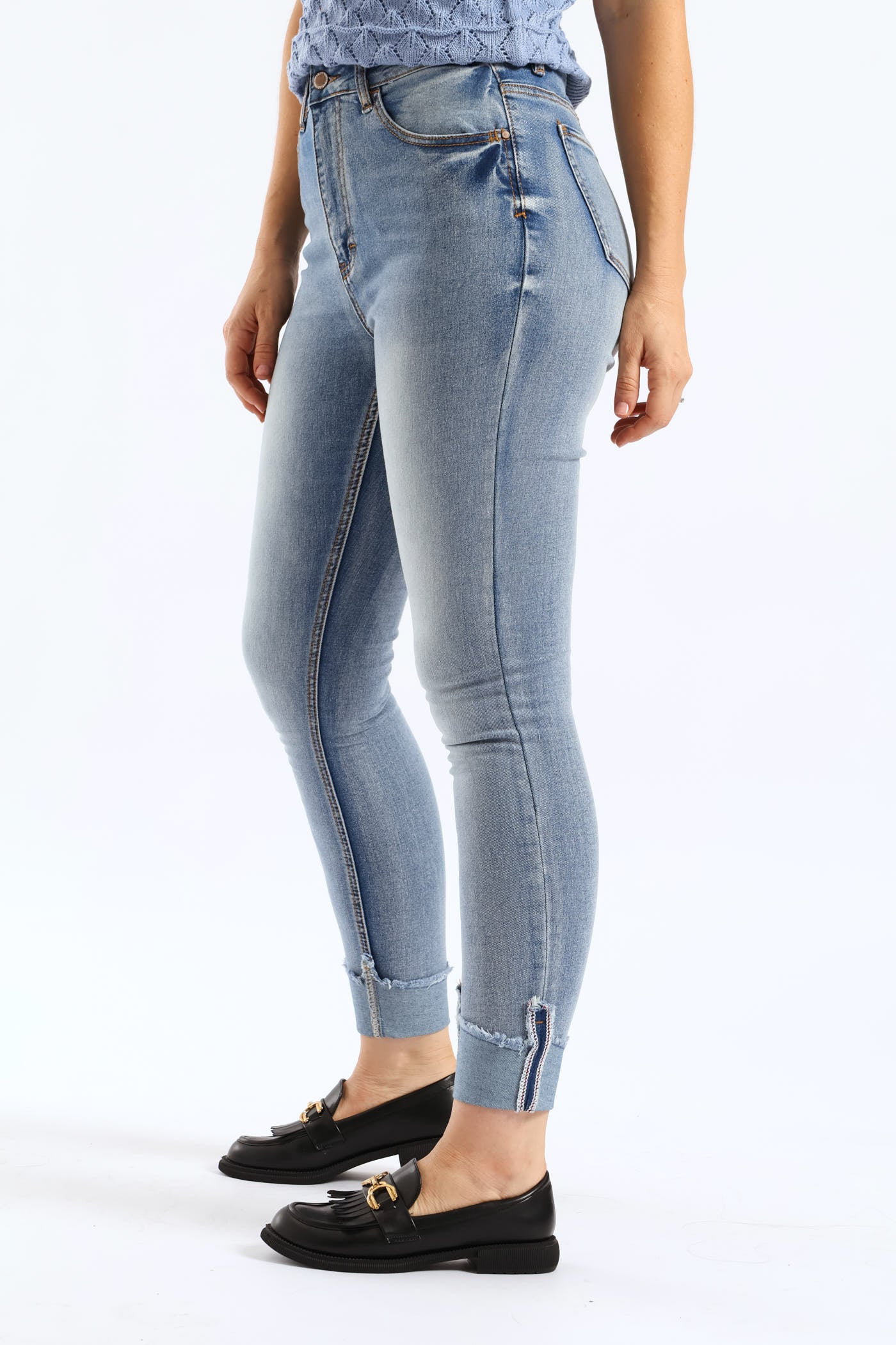 Hi Waist Mid Rise Turnup Skinny Denim - Light Wash - Image 5