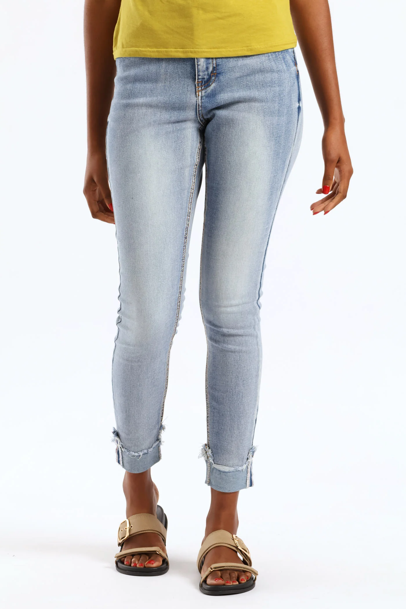Hi Waist Mid Rise Turnup Skinny Denim - Light Wash - Image 6