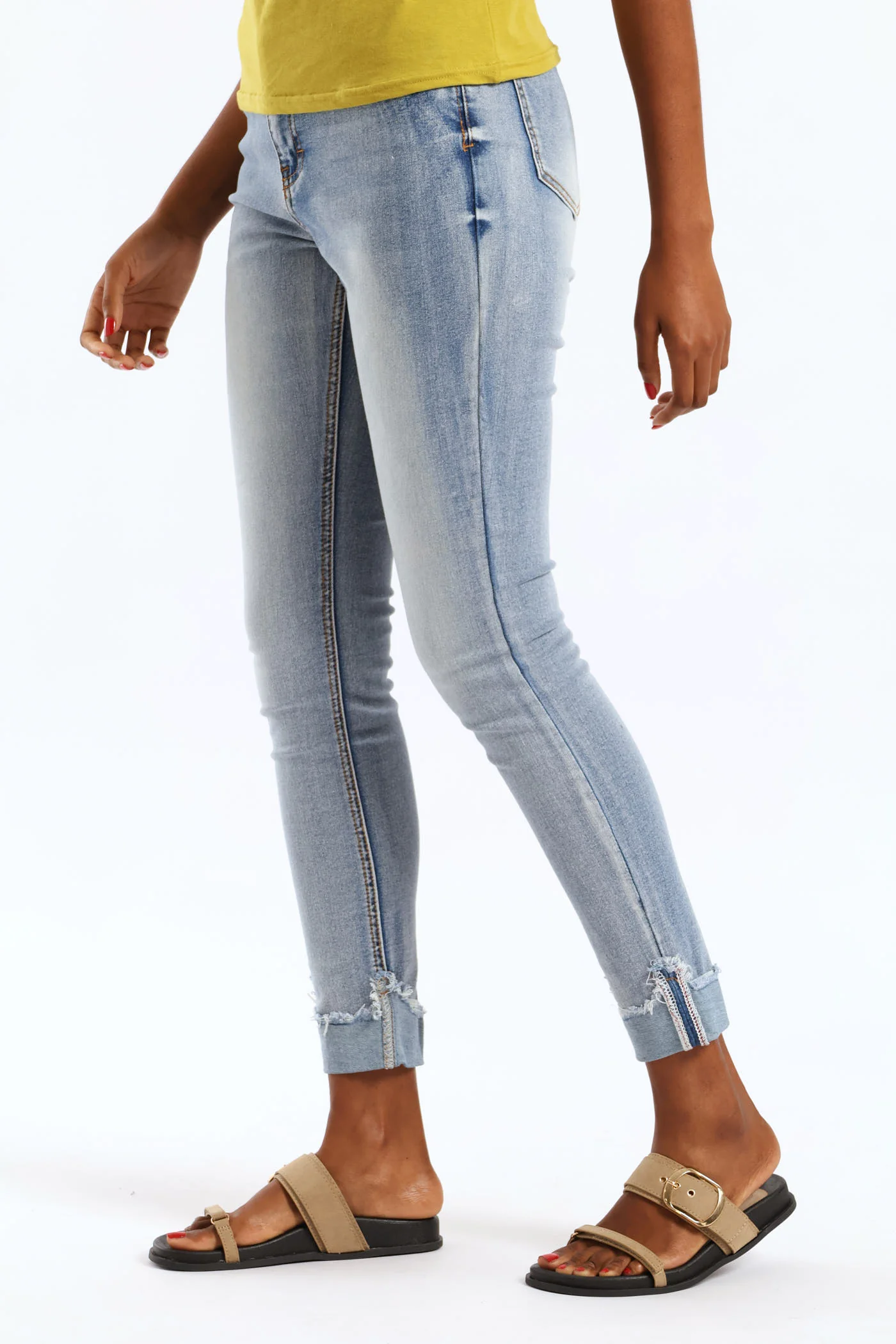 Hi Waist Mid Rise Turnup Skinny Denim - Light Wash - Image 8