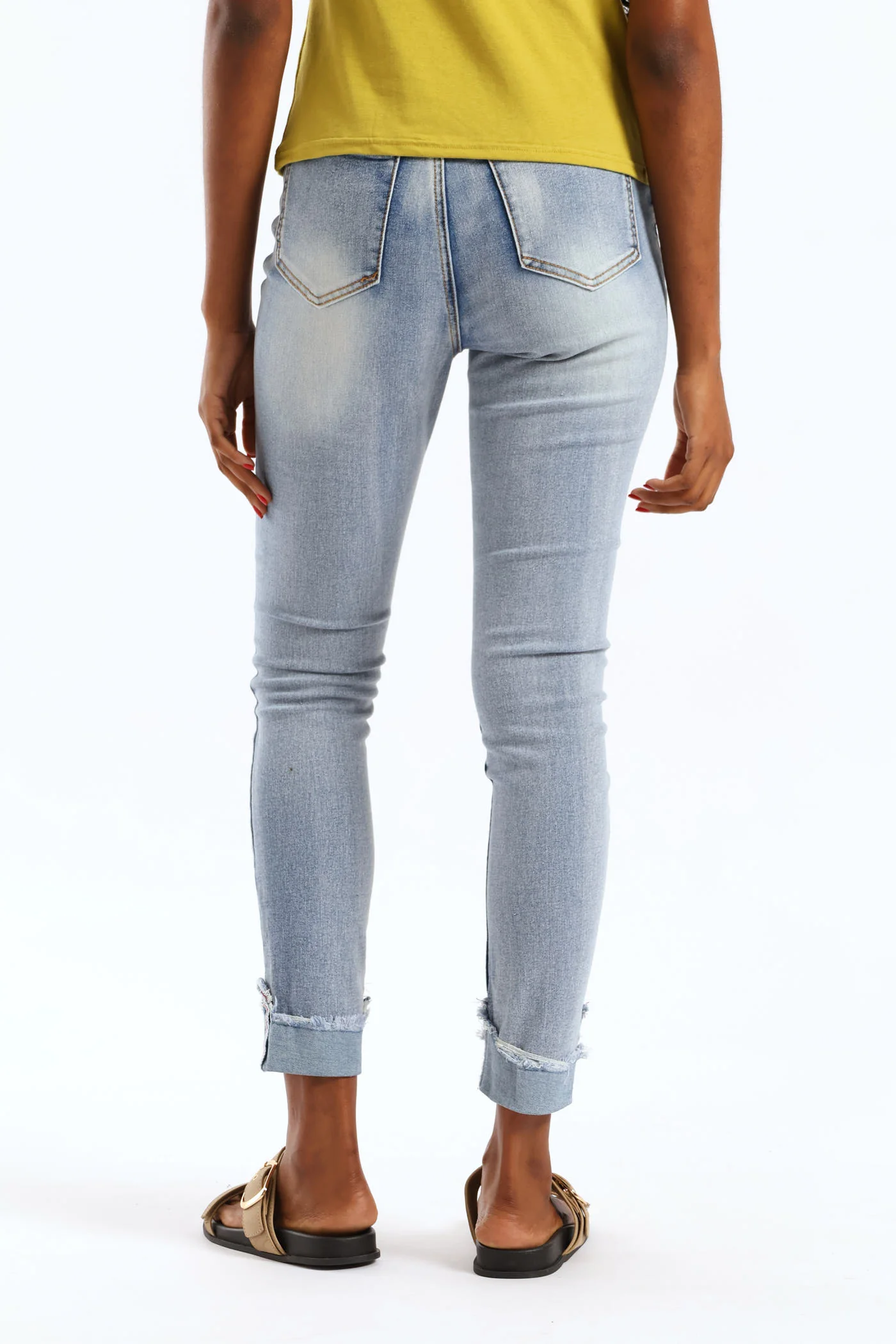 Hi Waist Mid Rise Turnup Skinny Denim - Light Wash - Image 9