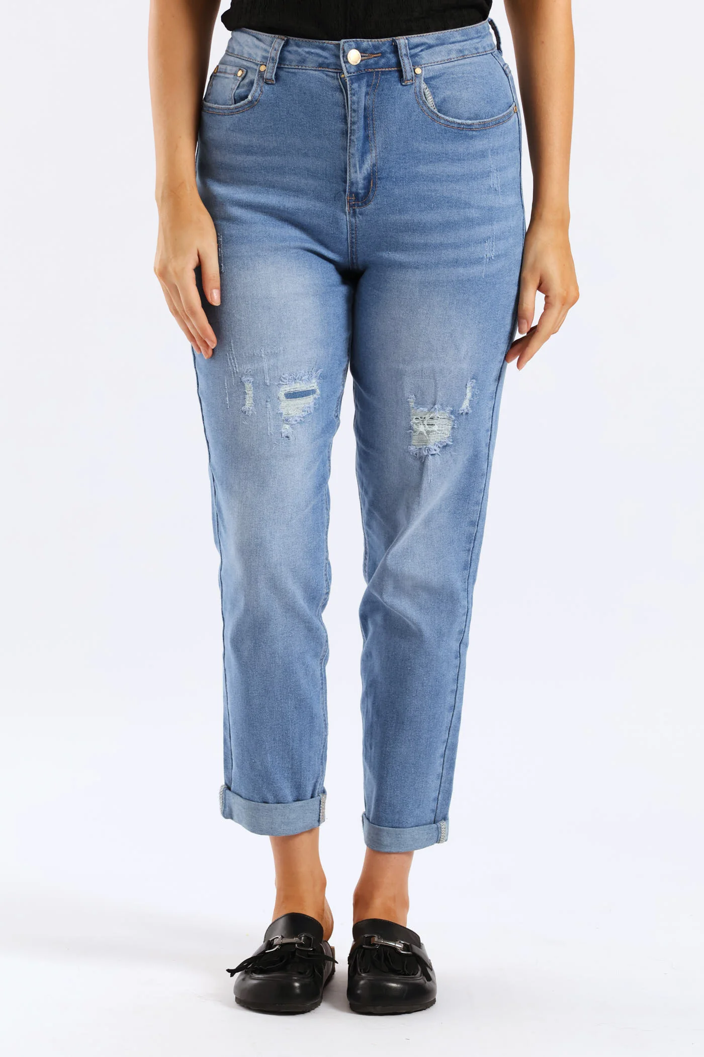 Hi-Waist Rip & Repair Mom Jean - Light Wash - Image 2