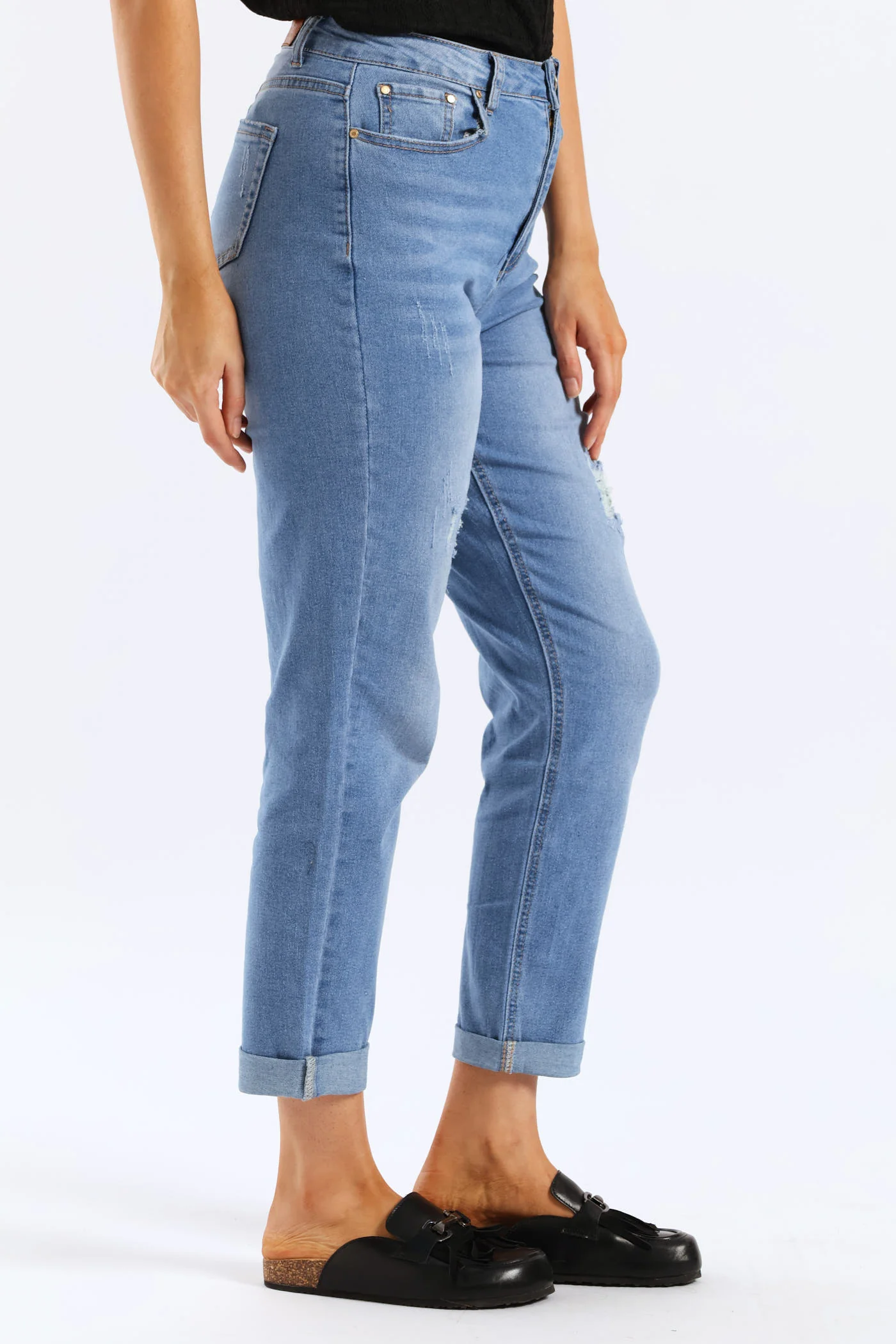 Hi-Waist Rip & Repair Mom Jean - Light Wash - Image 4