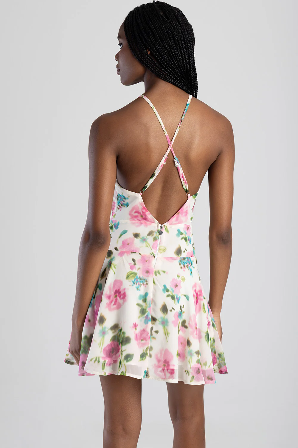 High Neck Drop Waist Blouson Mini Dress - Off White - Image 2