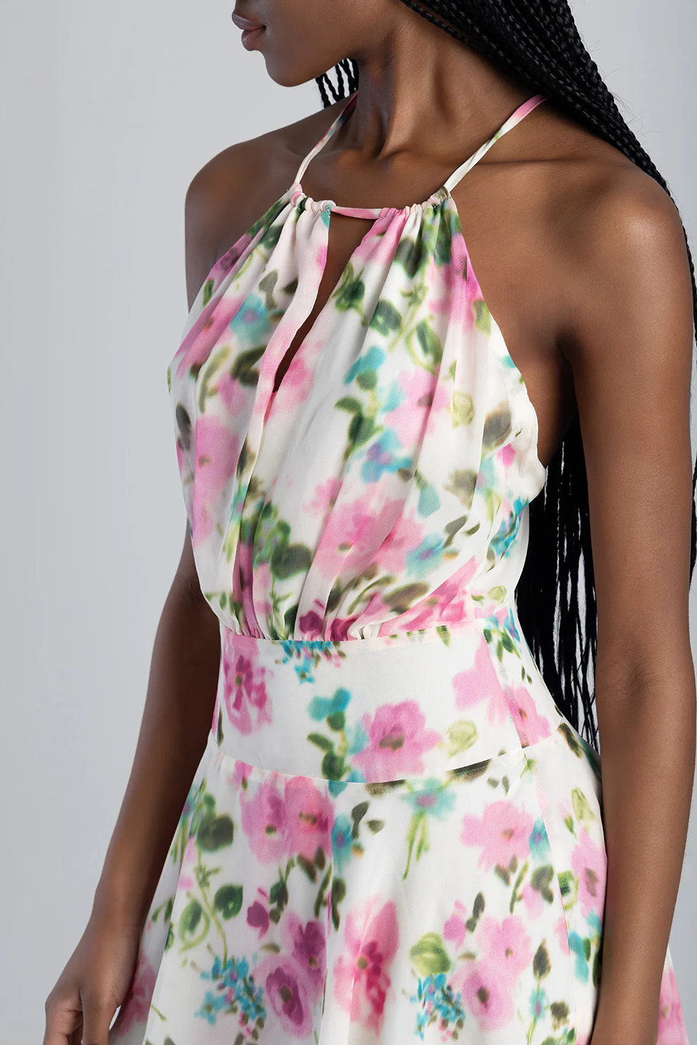 High Neck Drop Waist Blouson Mini Dress - Off White - Image 3