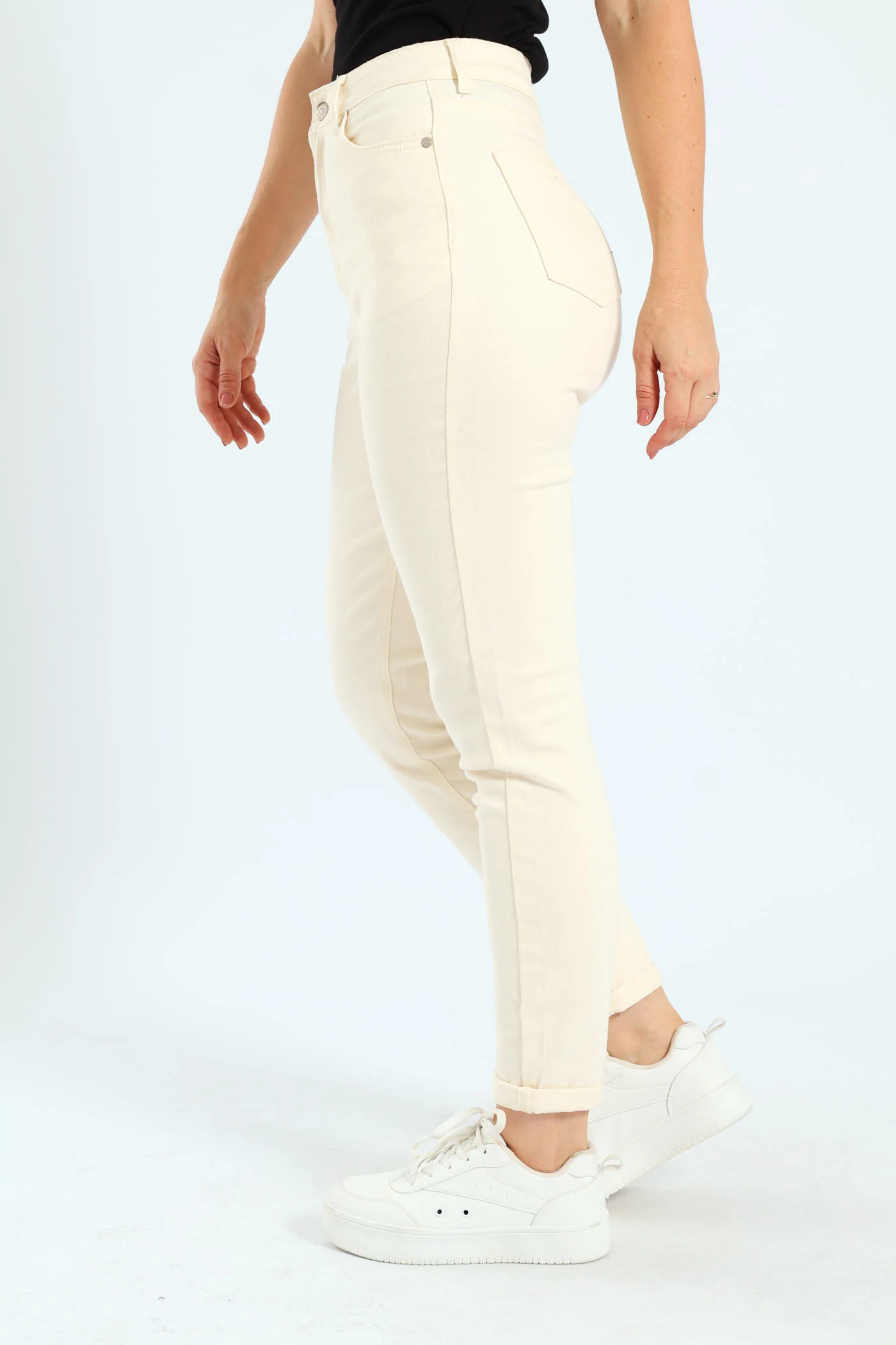 High Rise & Roll Hem Mom Jean - Ecru - Image 3