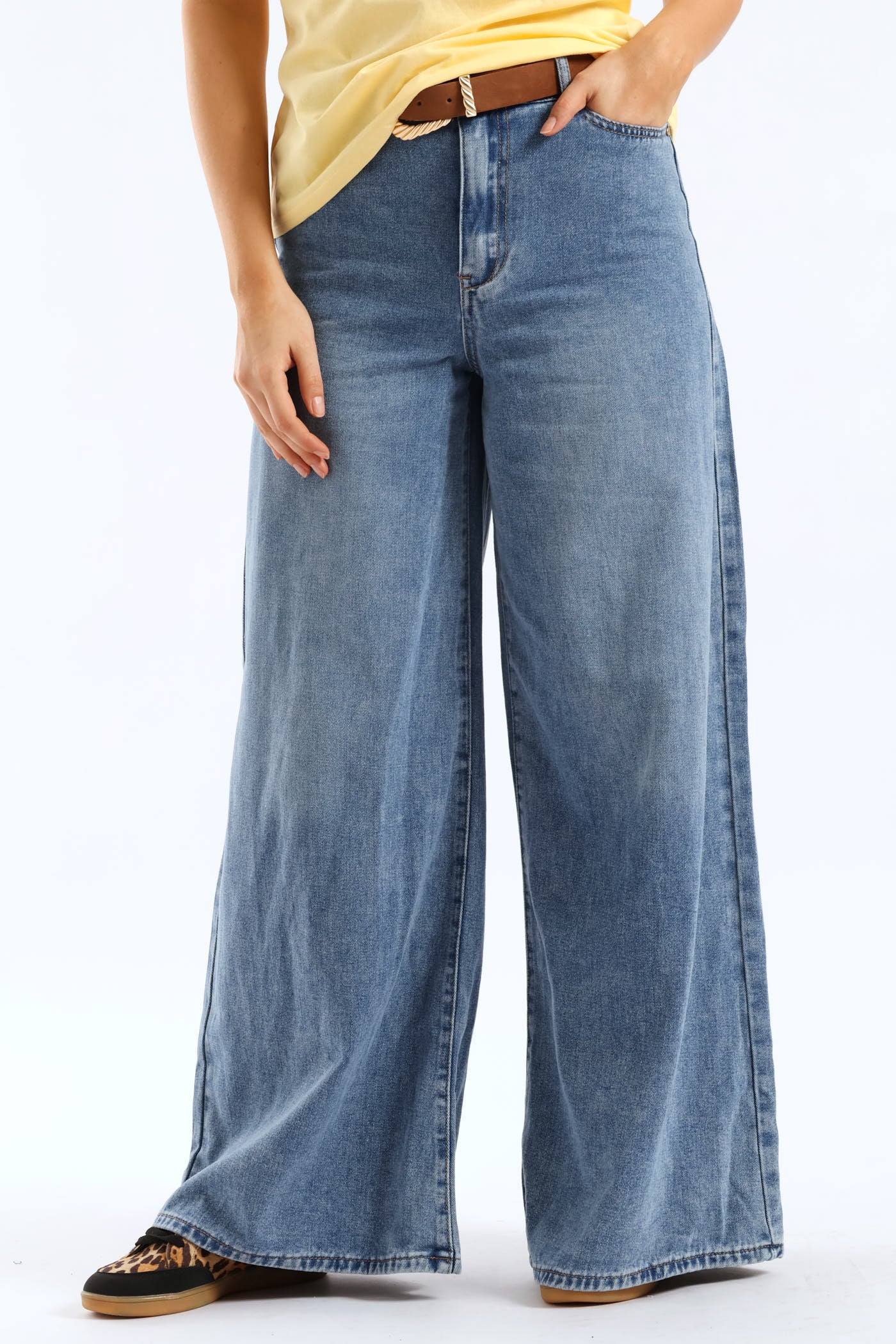 High Rise Belted Palazzo Denim - Mid Wash - Image 2