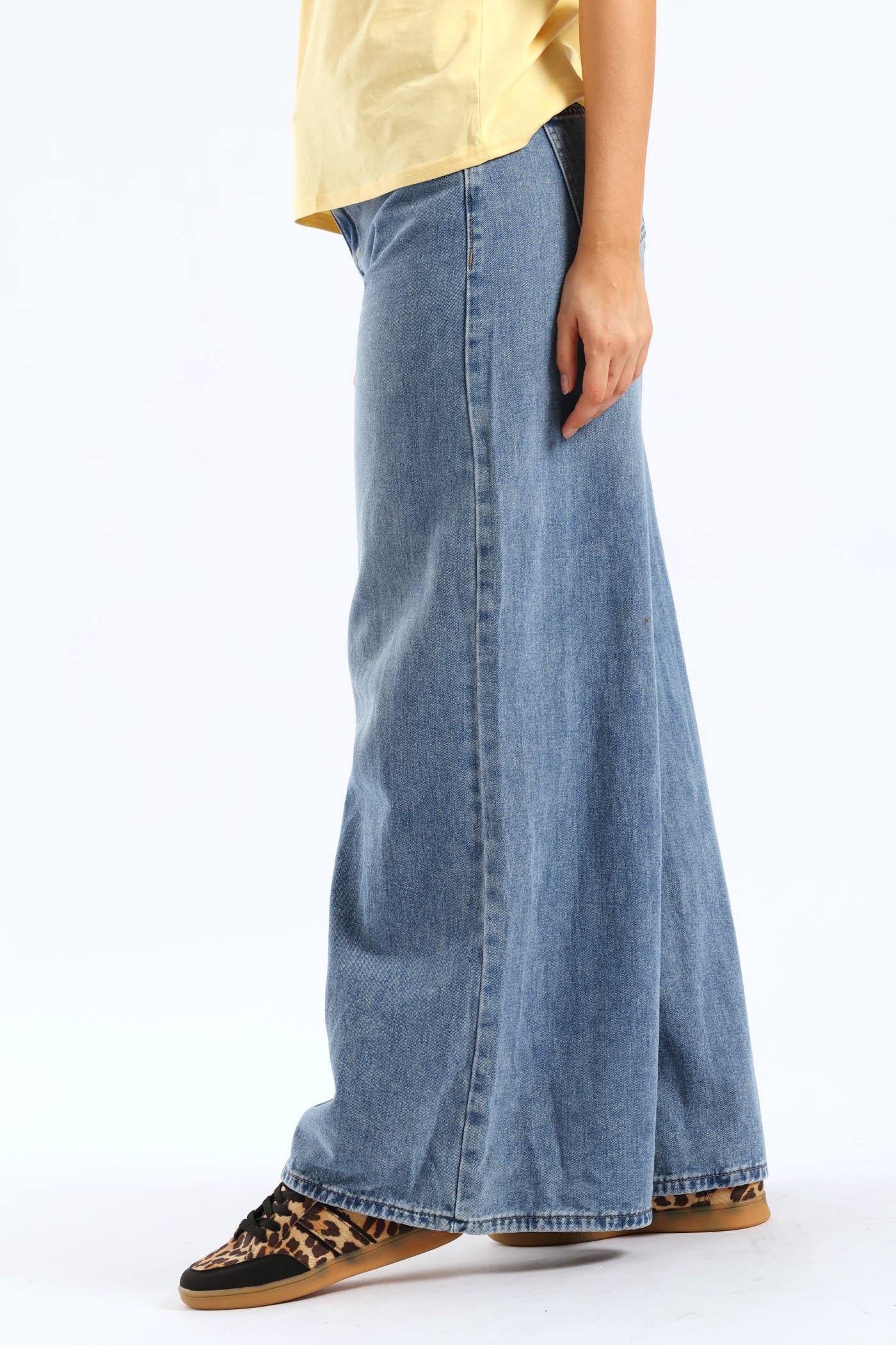 High Rise Belted Palazzo Denim - Mid Wash - Image 3