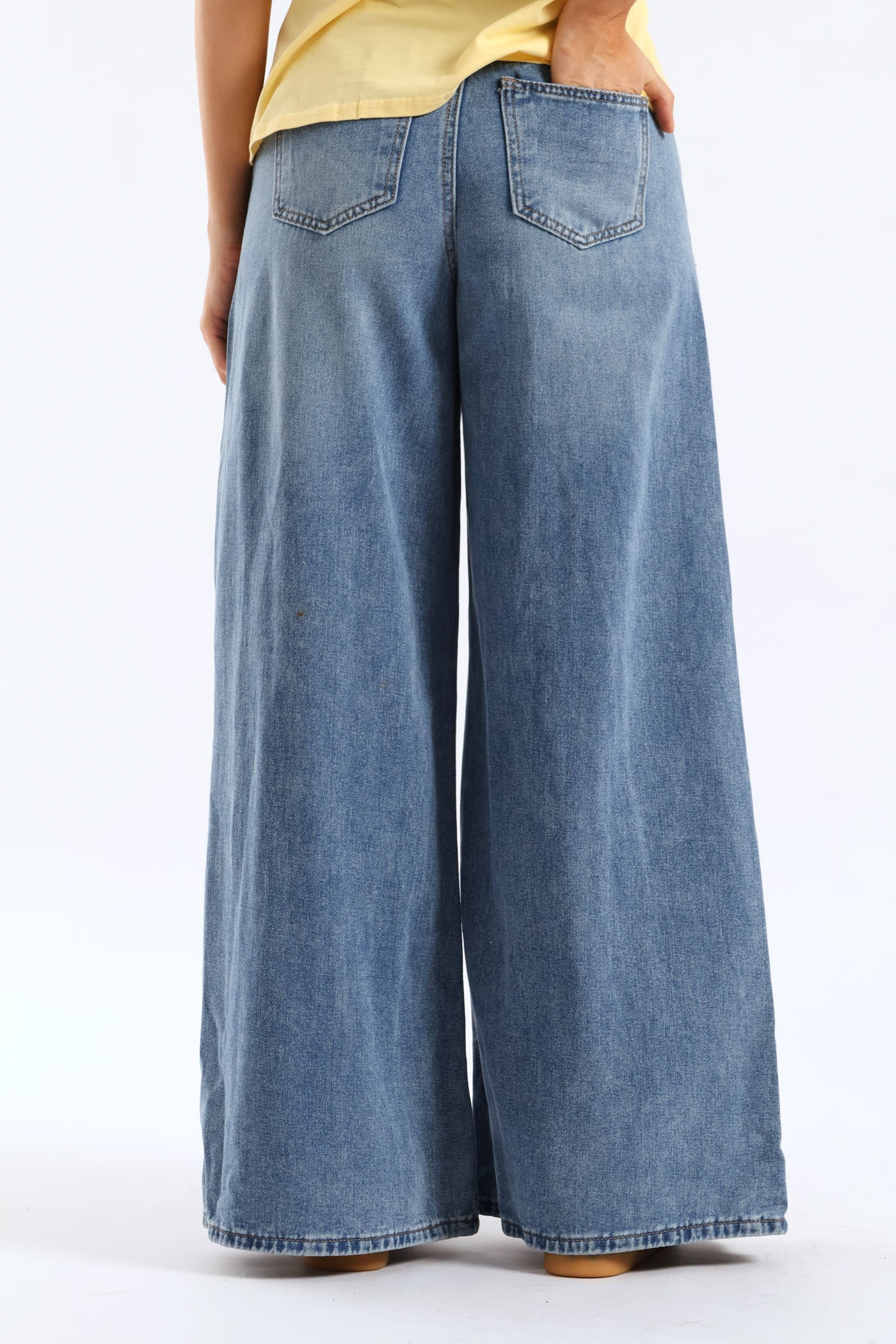 High Rise Belted Palazzo Denim - Mid Wash - Image 4