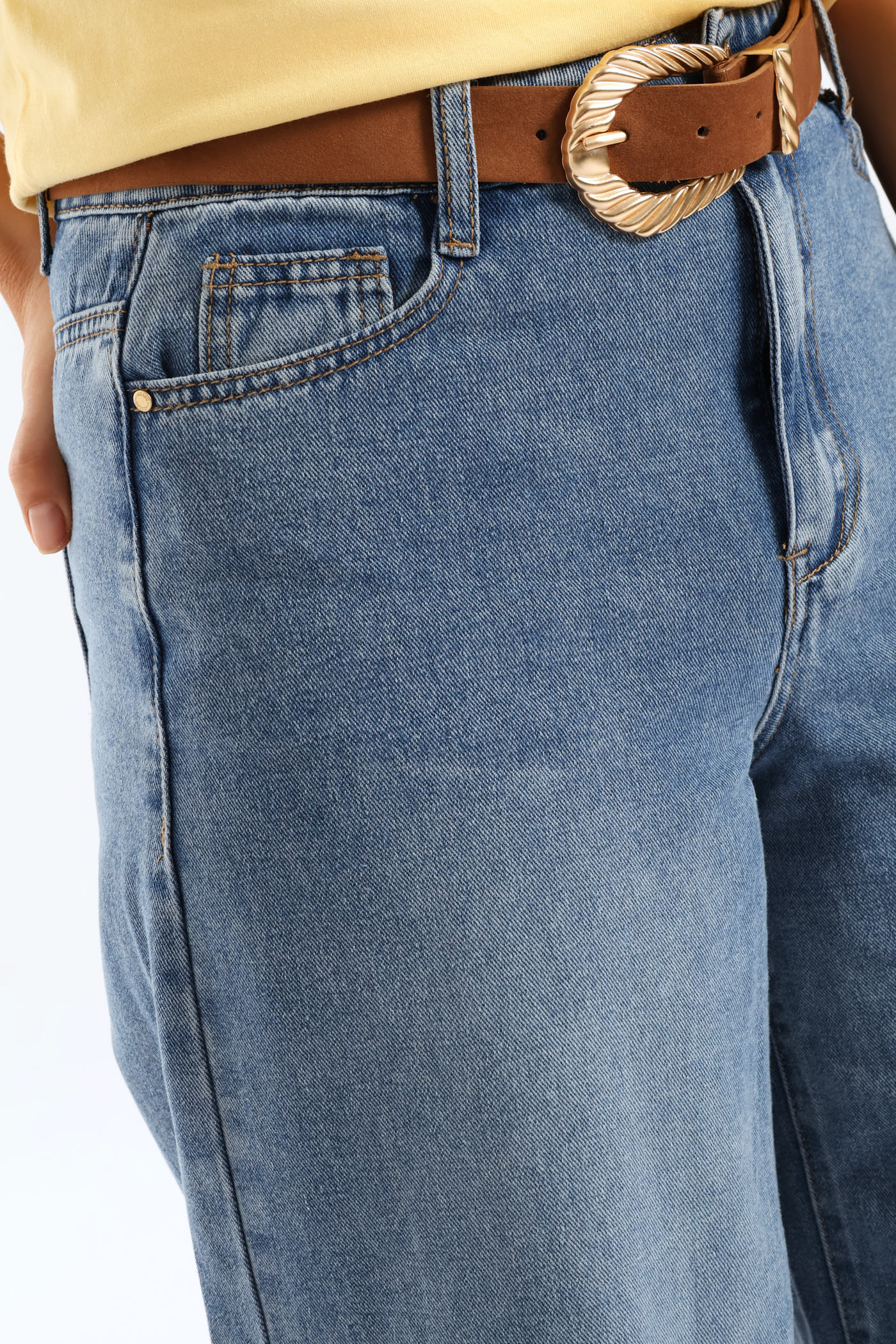 High Rise Belted Palazzo Denim - Mid Wash - Image 5