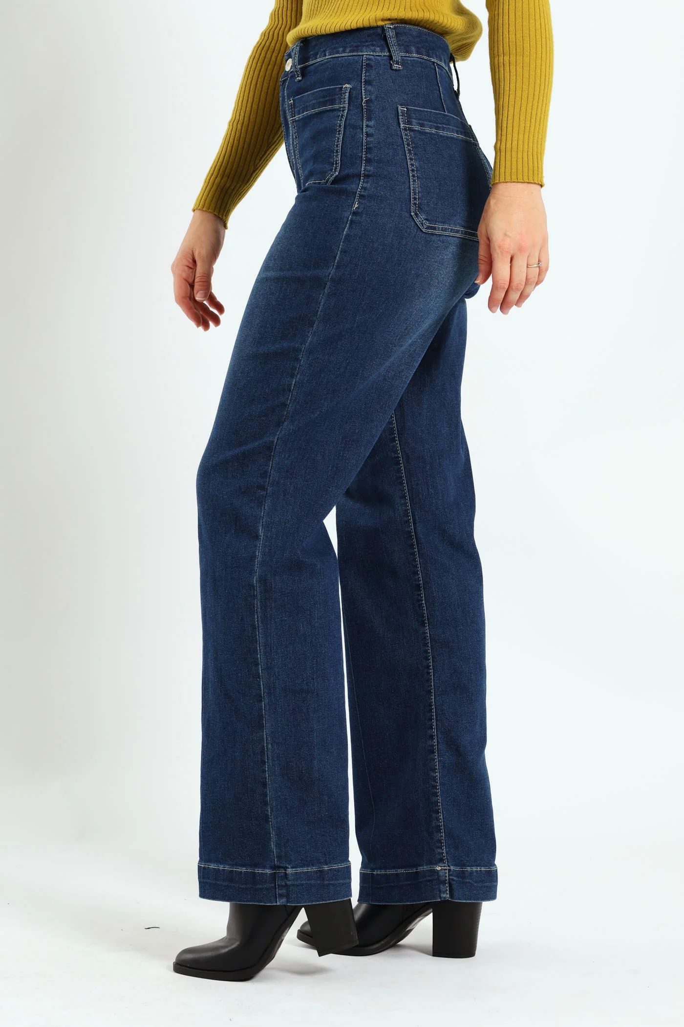 High Rise Pocket Detail Wide Leg Jean - Dark Wash - Image 2