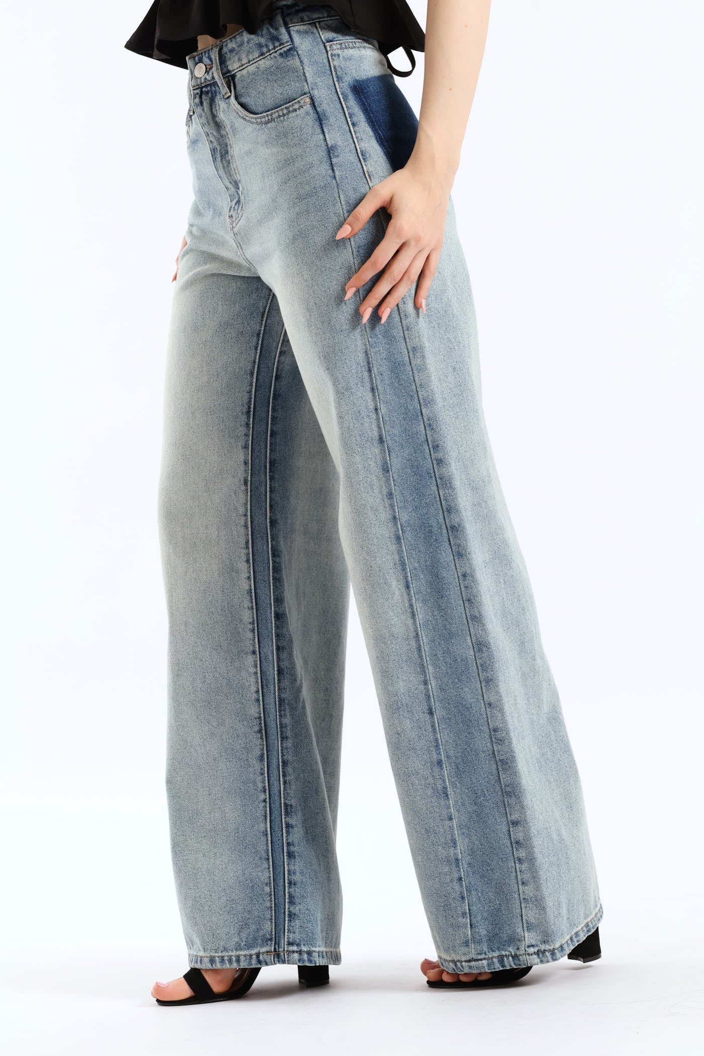 High Waist Wide Leg Denim - Light Blue - Image 4