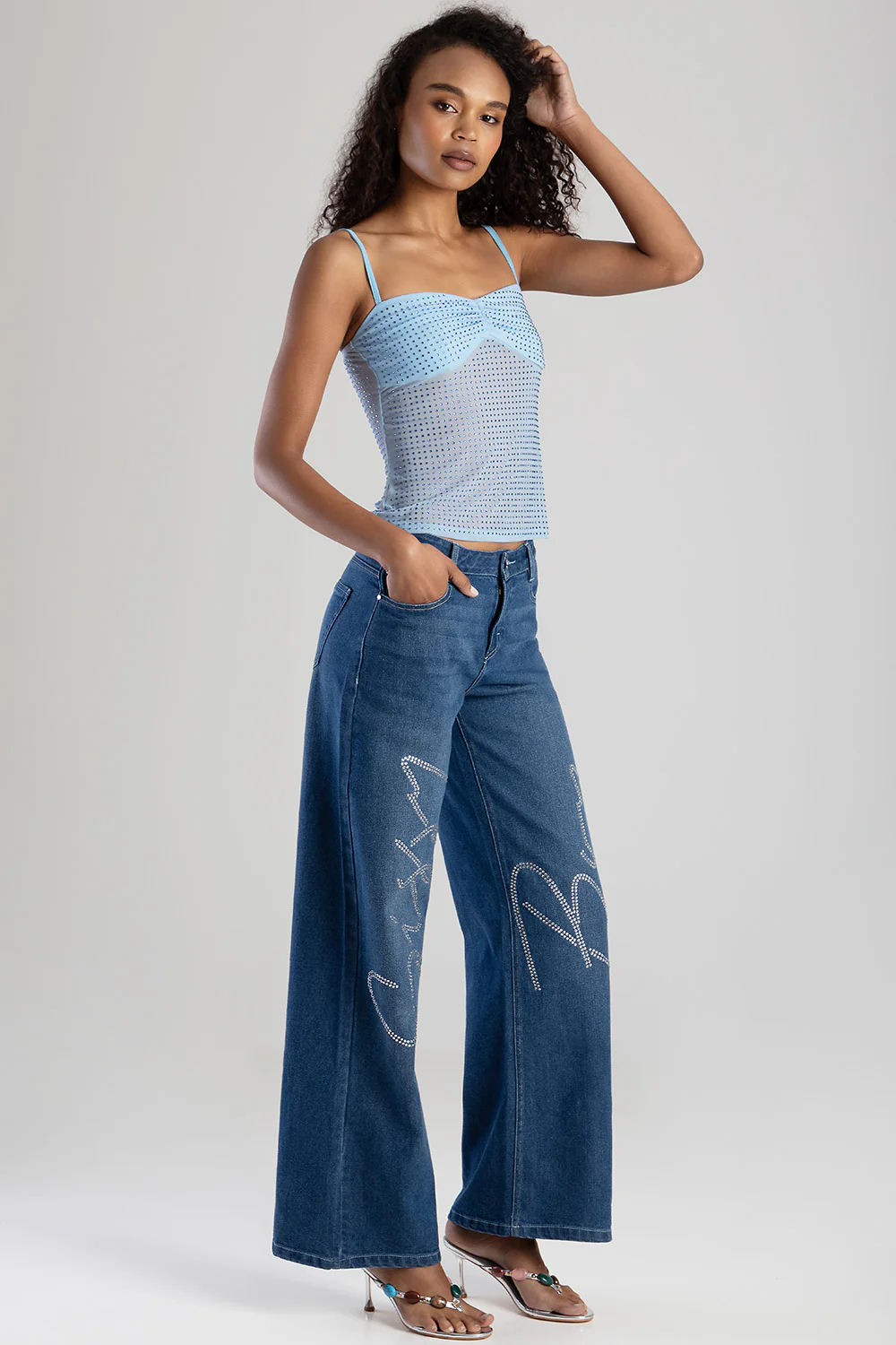 High Waist Wide Leg Denim - Mid Blue - Image 4