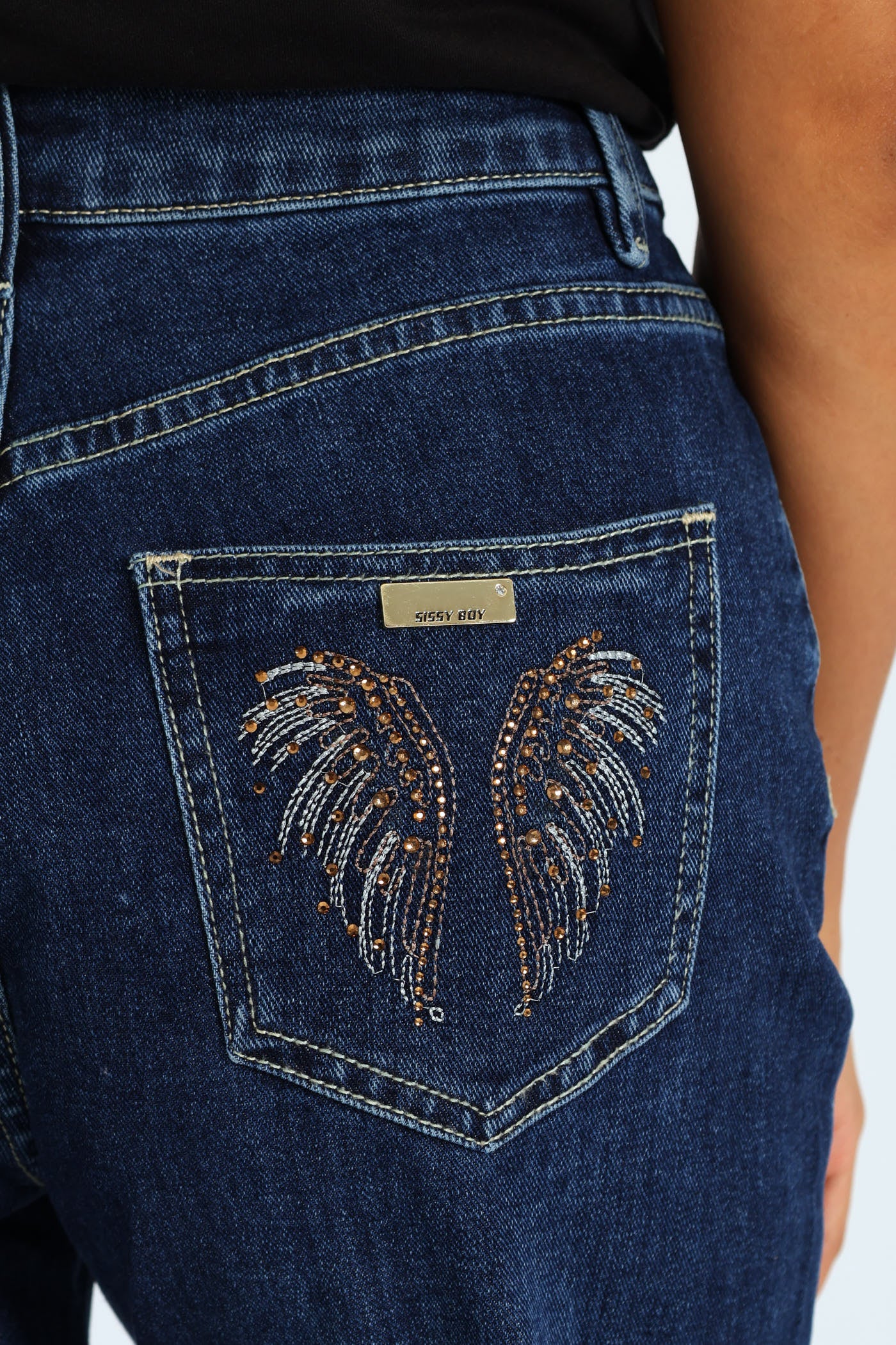 High Waist Wide Leg Denim With Wings On Pocket - Raw Wash - Image 2