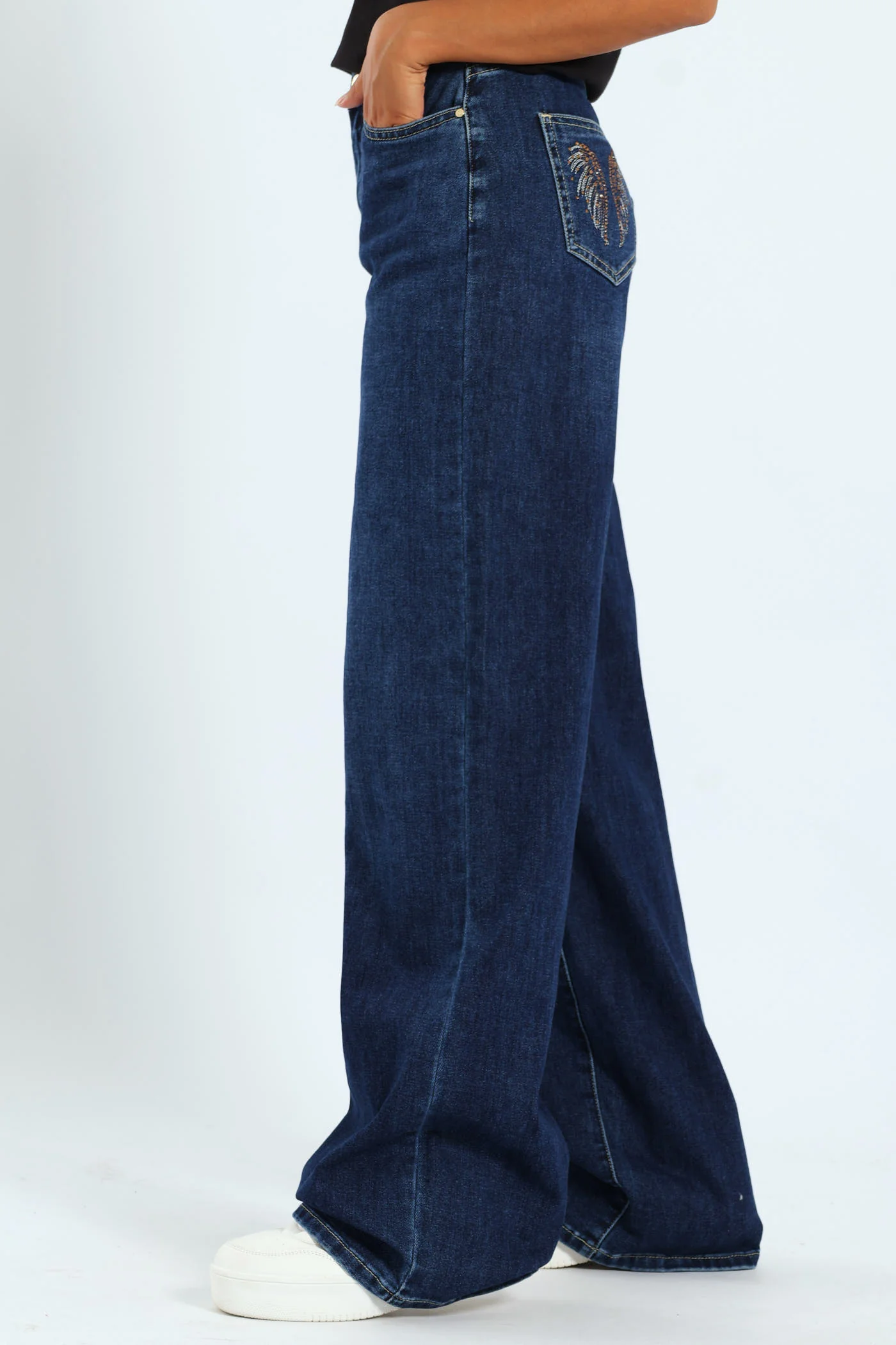 High Waist Wide Leg Denim With Wings On Pocket - Raw Wash - Image 3