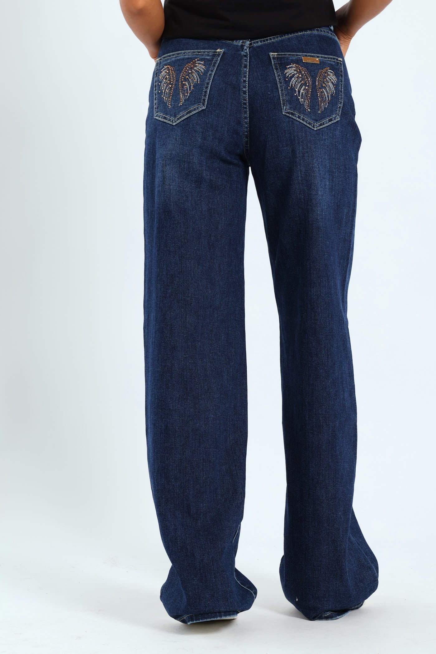 High Waist Wide Leg Denim With Wings On Pocket - Raw Wash - Image 5