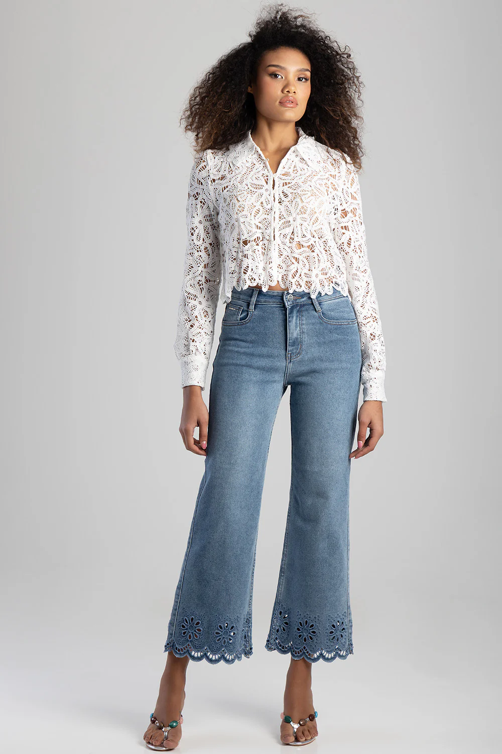 High Waisted Anglaise Hem Cropped Wide Leg Denim - Medium Wash - Image 11