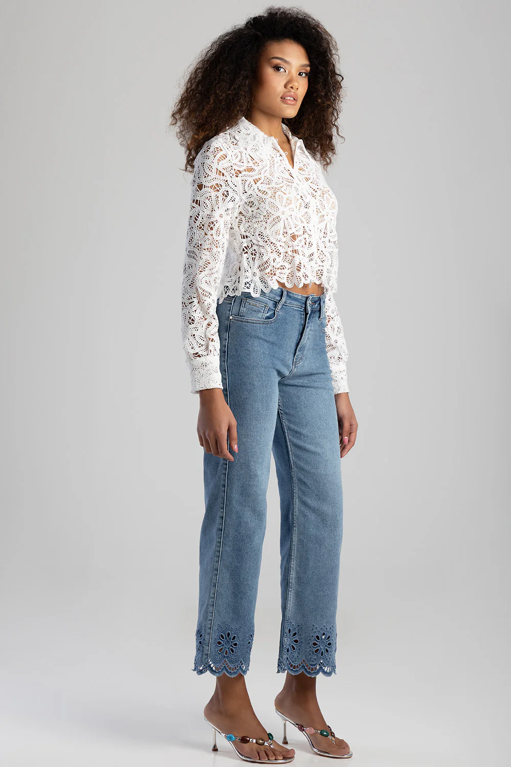 High Waisted Anglaise Hem Cropped Wide Leg Denim - Medium Wash - Image 12