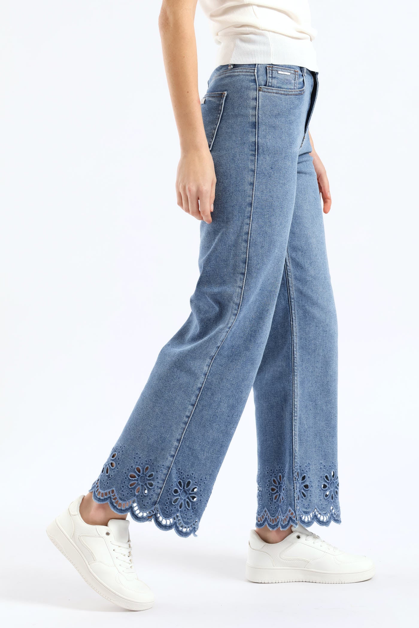 High Waisted Anglaise Hem Cropped Wide Leg Denim - Medium Wash - Image 14