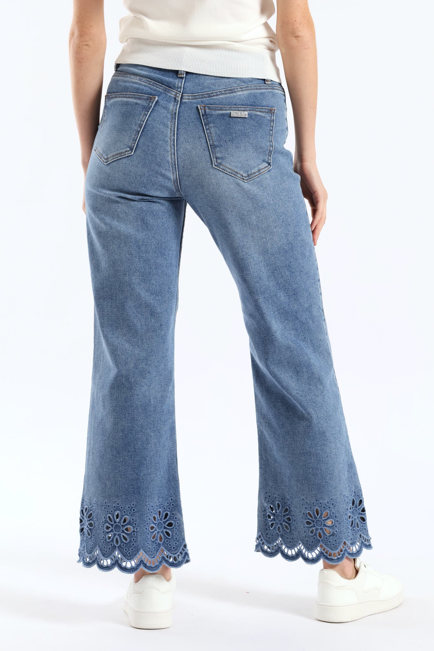 High Waisted Anglaise Hem Cropped Wide Leg Denim - Medium Wash - Image 15
