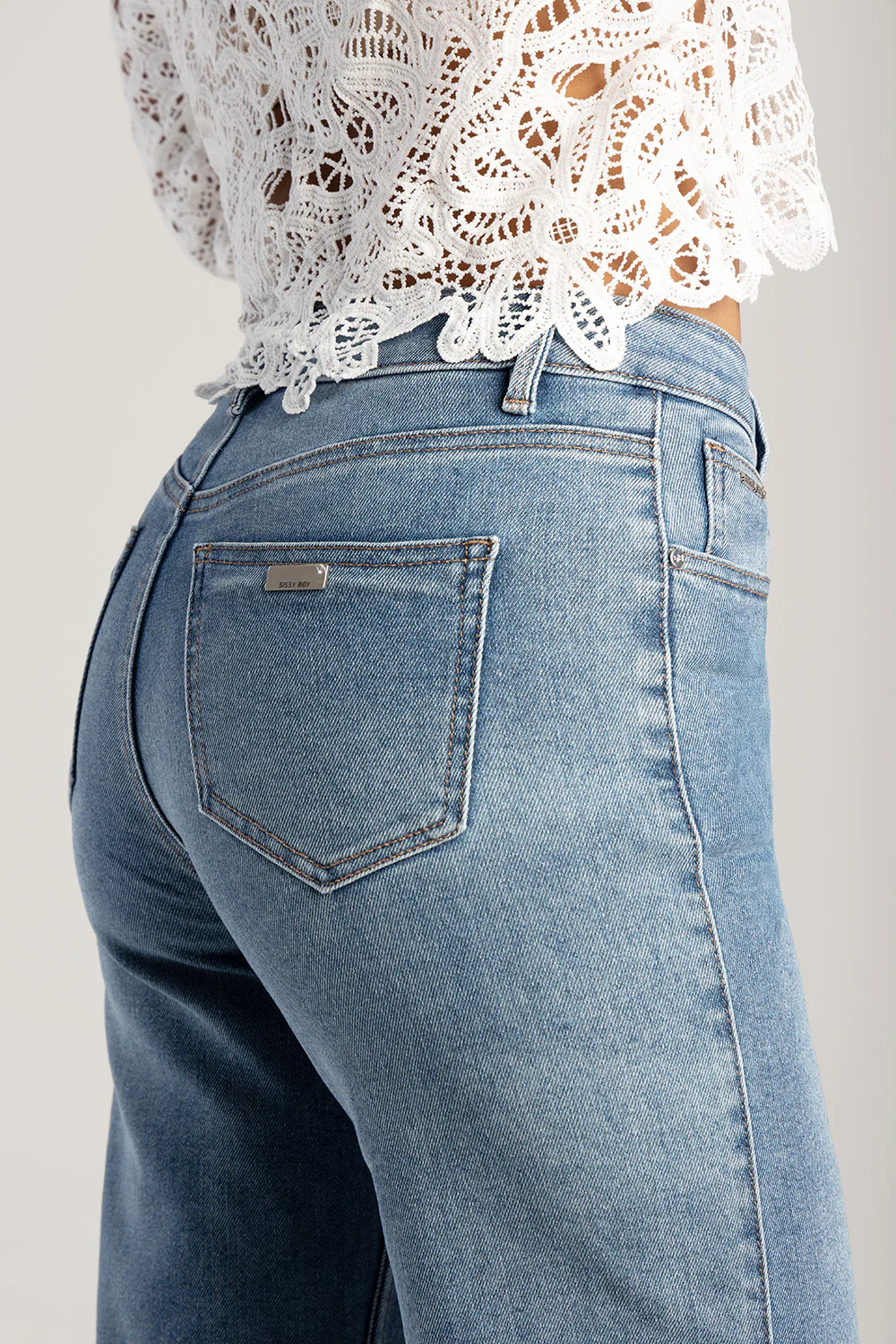 High Waisted Anglaise Hem Cropped Wide Leg Denim - Medium Wash - Image 2