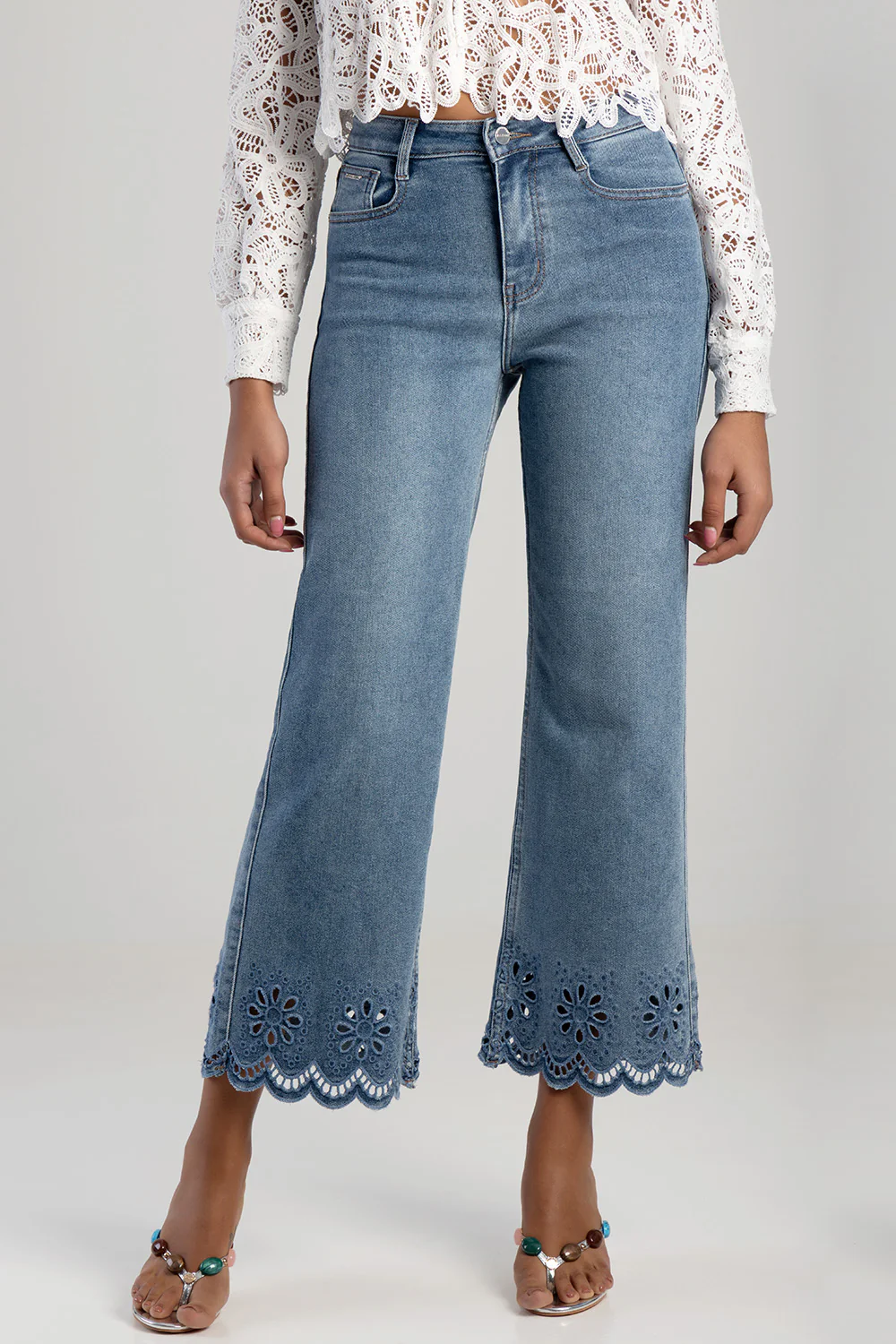 High Waisted Anglaise Hem Cropped Wide Leg Denim - Medium Wash - Image 3