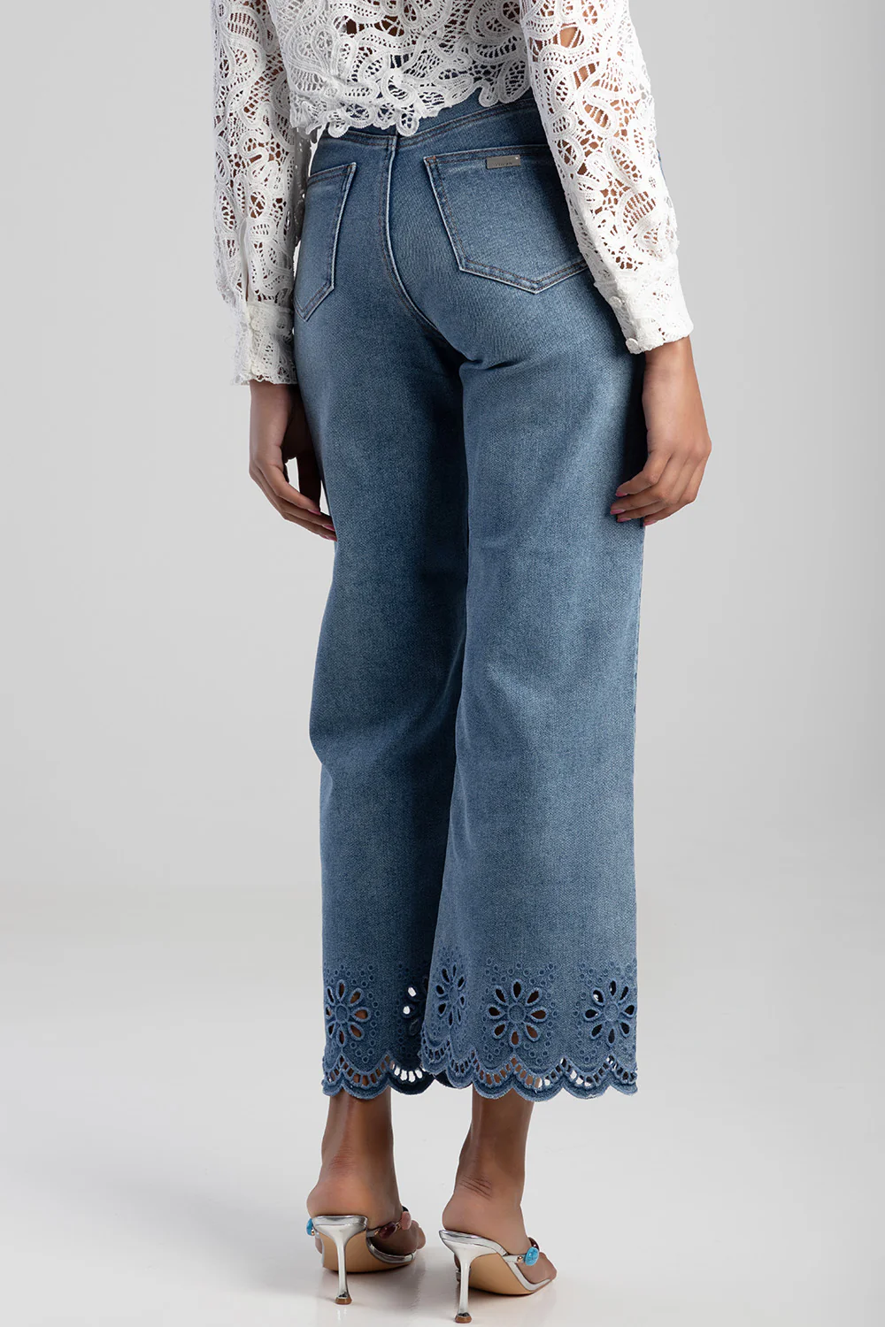High Waisted Anglaise Hem Cropped Wide Leg Denim - Medium Wash - Image 8