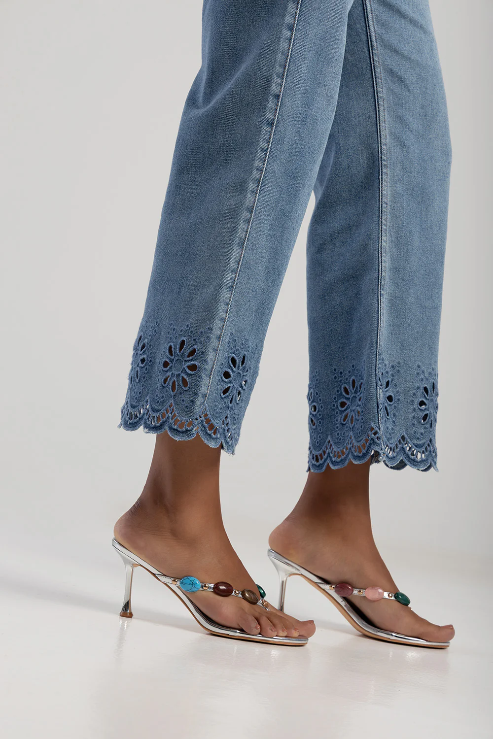 High Waisted Anglaise Hem Cropped Wide Leg Denim - Medium Wash - Image 9
