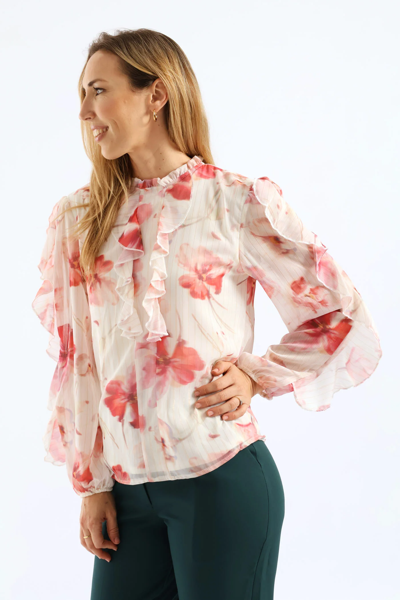 Hineck Ruffle Soft Floral Blouse - Cream - Image 3