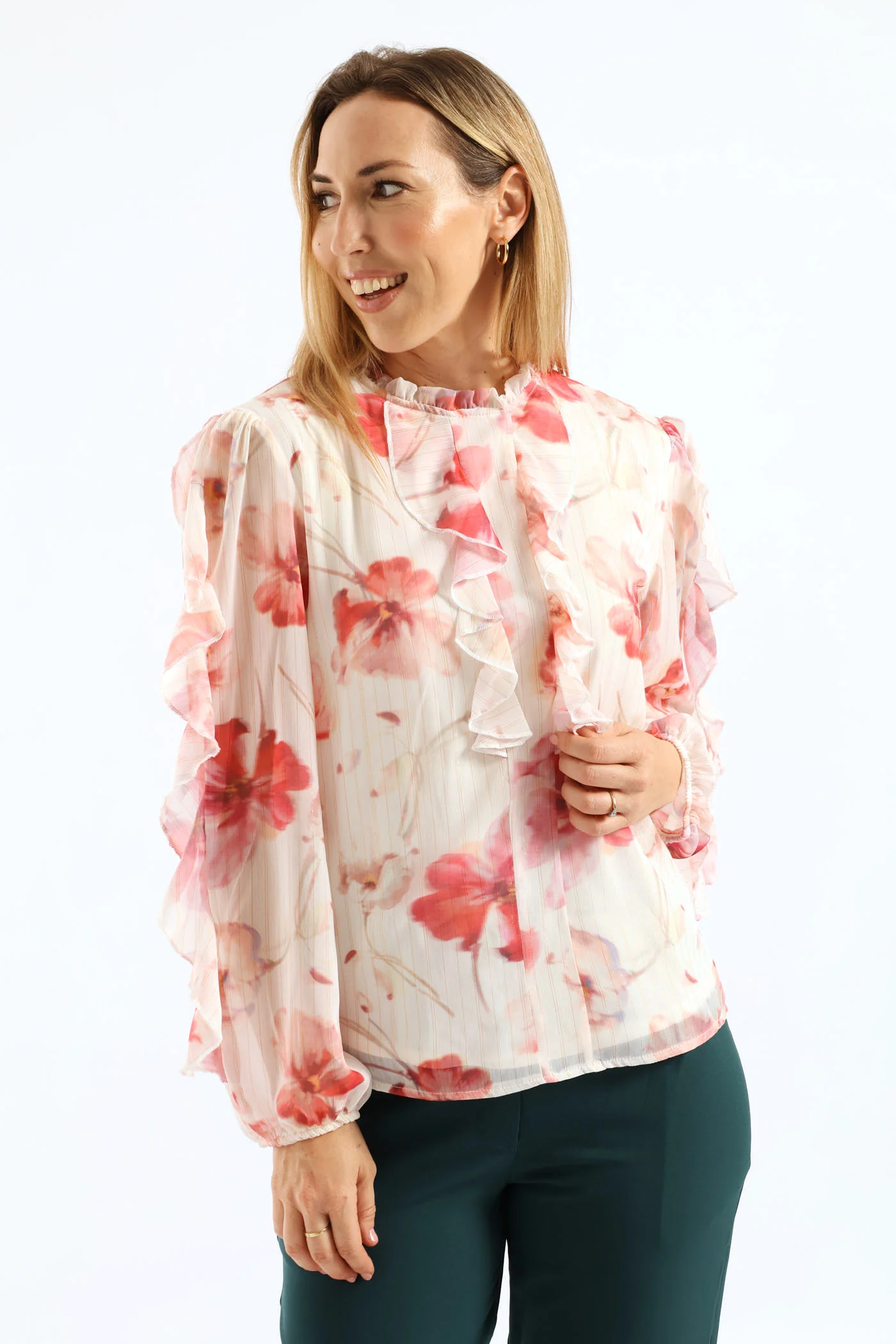 Hineck Ruffle Soft Floral Blouse - Cream - Image 4