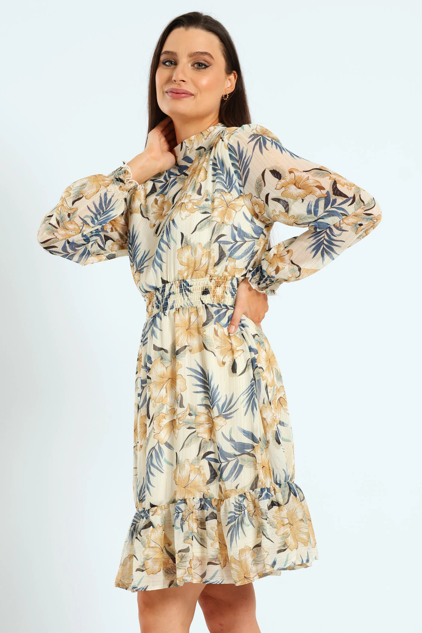 High Neck Shirred Waisted Tea Dress - Image 4