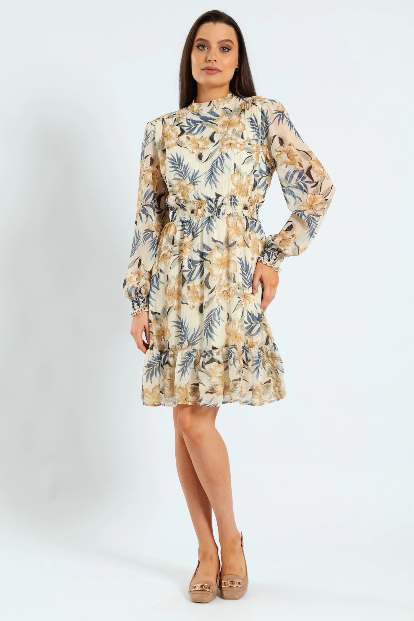 High Neck Shirred Waisted Tea Dress - Image 6