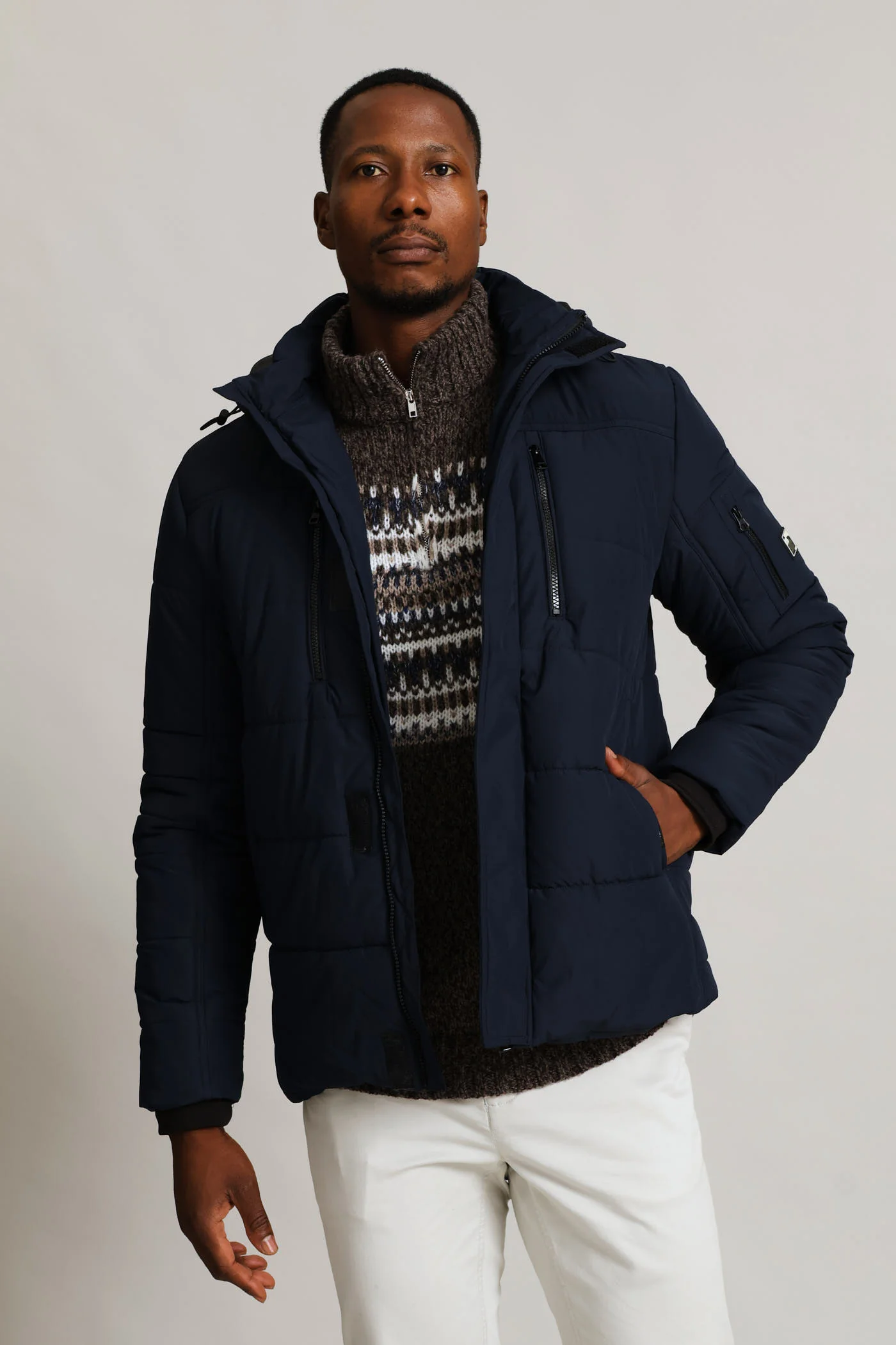 Hooded Zip Pocket Padded Jacket - Navy - Image 3