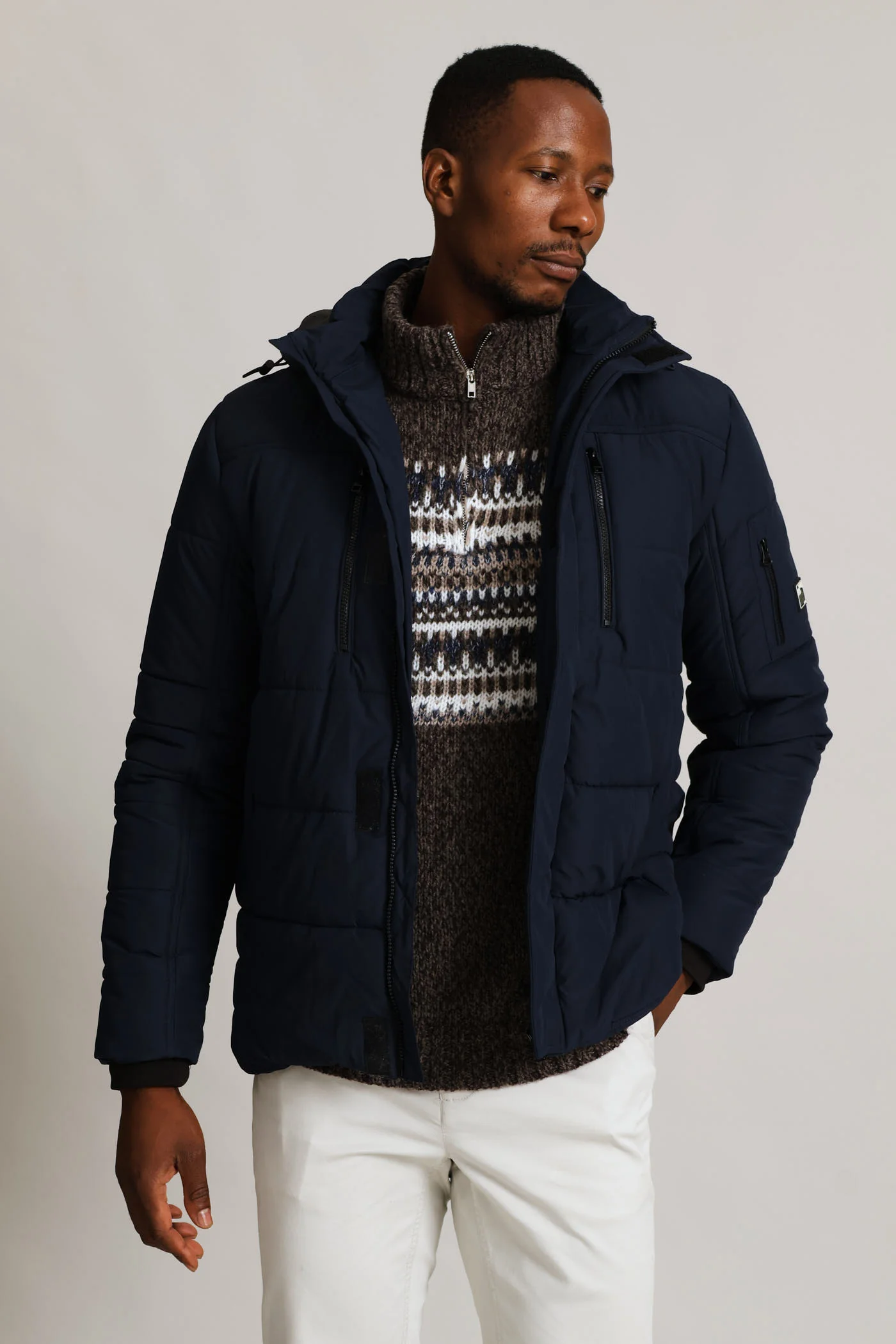Hooded Zip Pocket Padded Jacket - Navy - Image 5