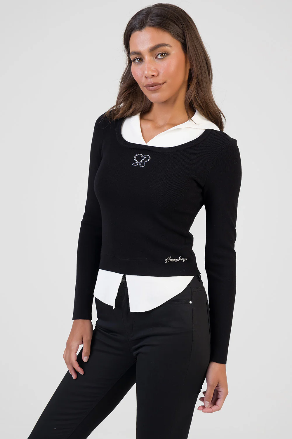 Hot Date: Bling Detail Layered Knit Jersey - Black/White - Image 5