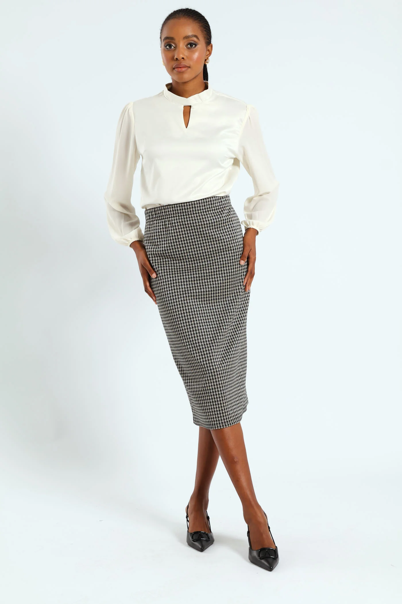 Houndstooth Metallic Pencil Midi Skirt - Black/Cream - Image 2
