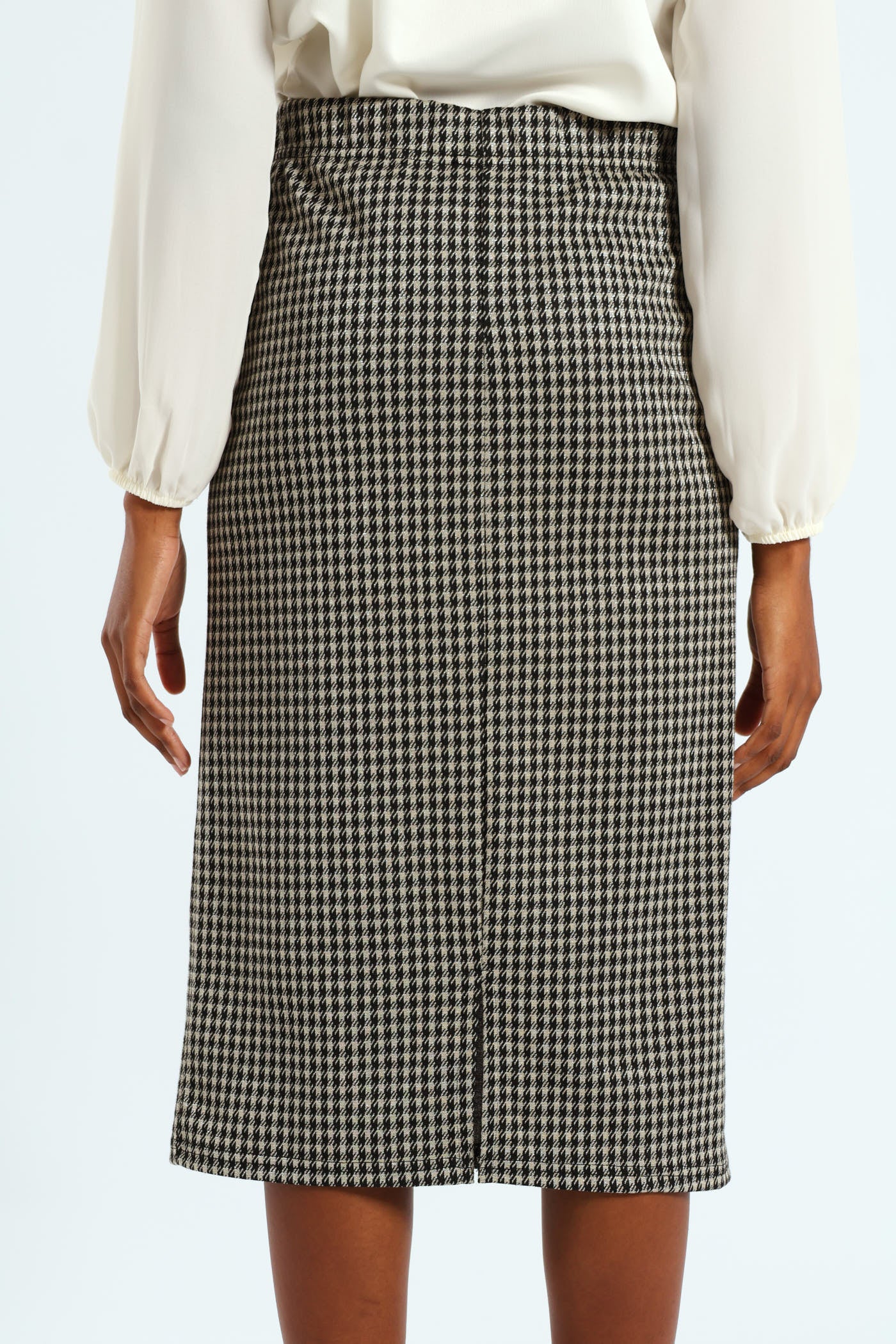 Houndstooth Metallic Pencil Midi Skirt - Black/Cream - Image 4