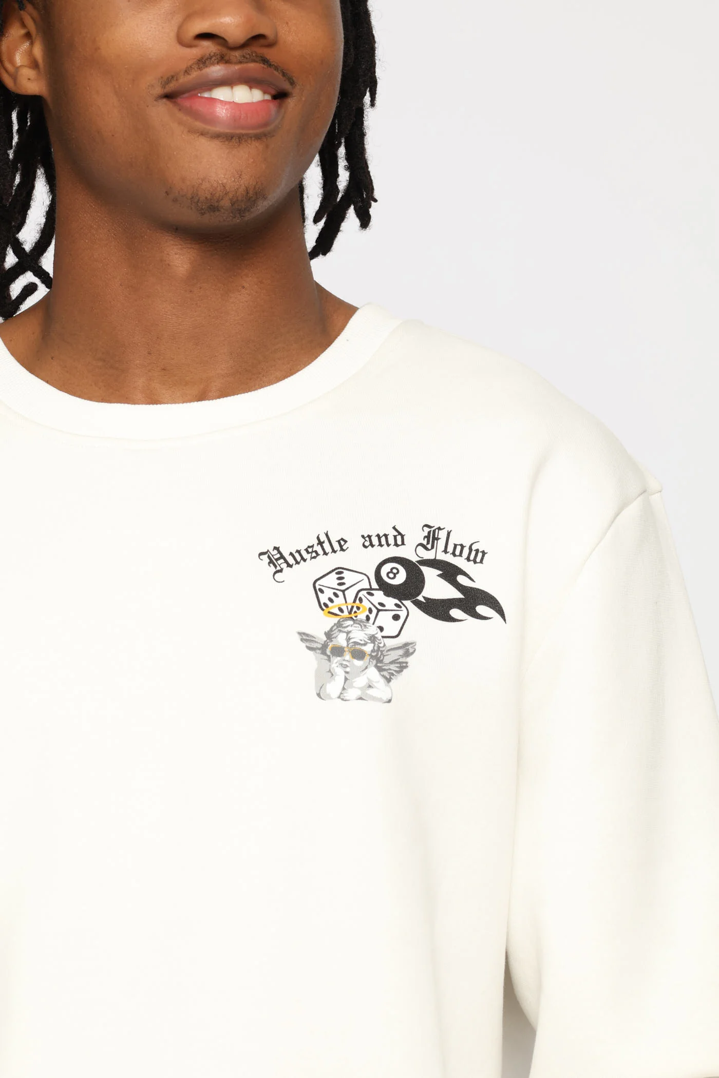 Hustle & Flow Printed Fleece Crew Top - Ecru - Image 2