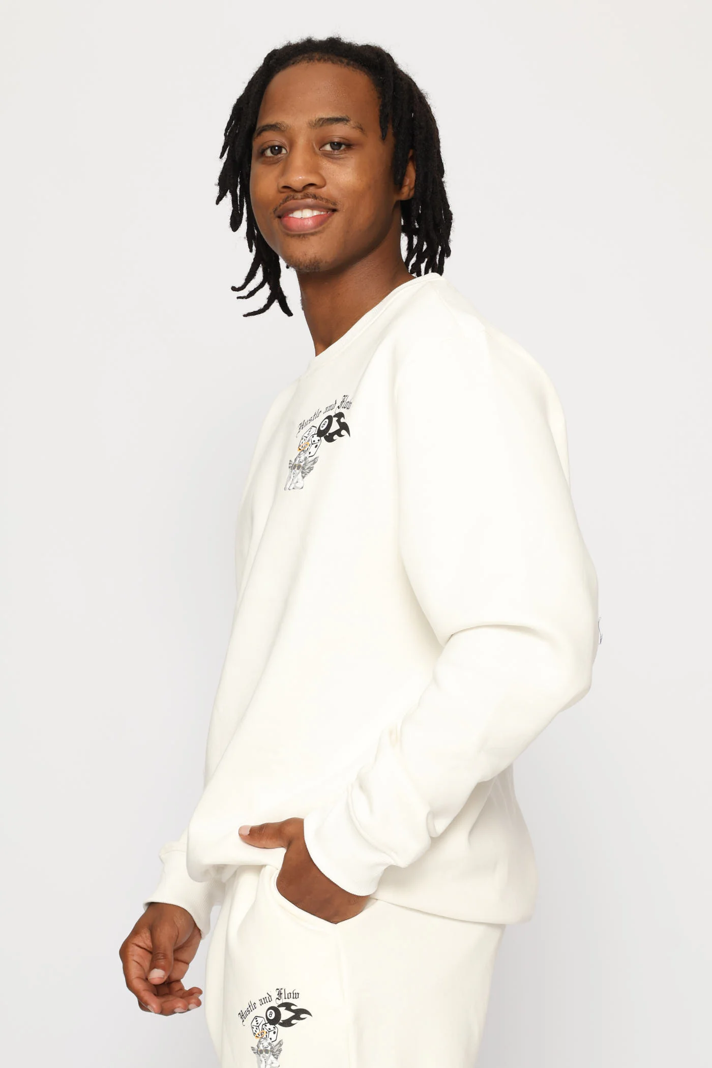 Hustle & Flow Printed Fleece Crew Top - Ecru - Image 3