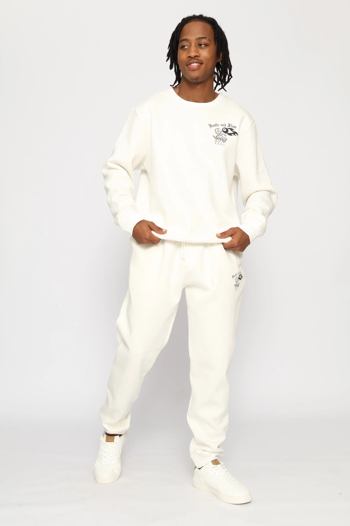 Hustle & Flow Printed Fleece Crew Top - Ecru - Image 5