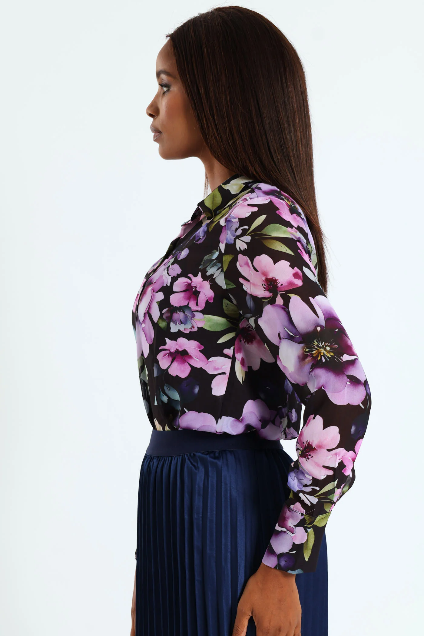 Hydrangea Floral Chiffon Shirt - Black - Image 2