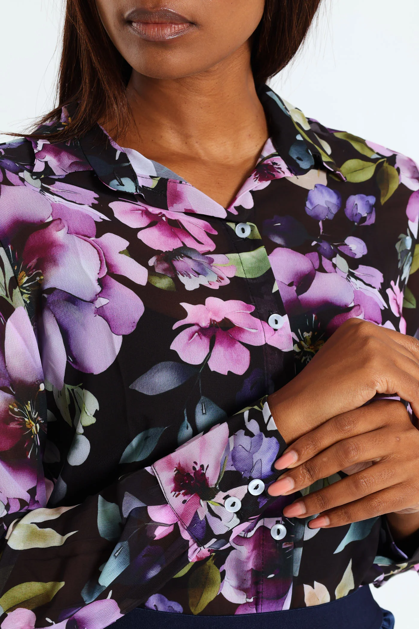 Hydrangea Floral Chiffon Shirt - Black - Image 4