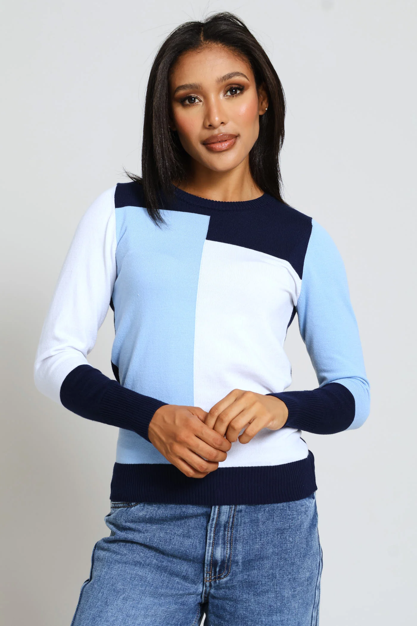 Intarsia Colourblock Pullover - Navy/Blue - Image 3