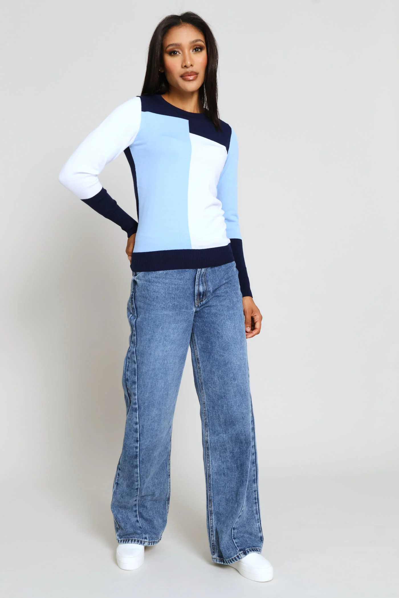 Intarsia Colourblock Pullover - Navy/Blue - Image 6