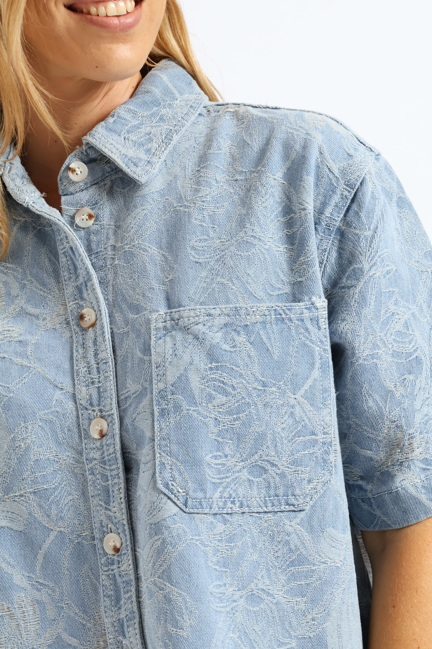Jacquard Floral Denim Boxy Shirt - Light Wash - Image 2