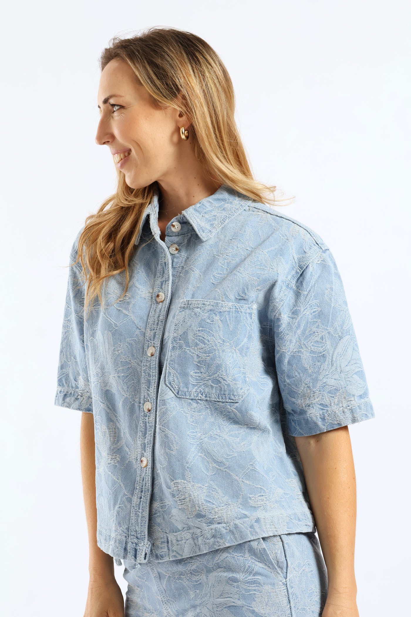 Jacquard Floral Denim Boxy Shirt - Light Wash - Image 4