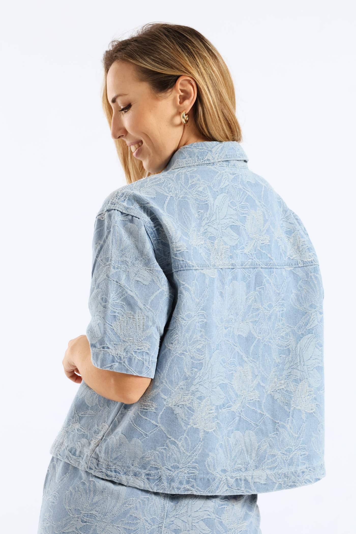 Jacquard Floral Denim Boxy Shirt - Light Wash - Image 5