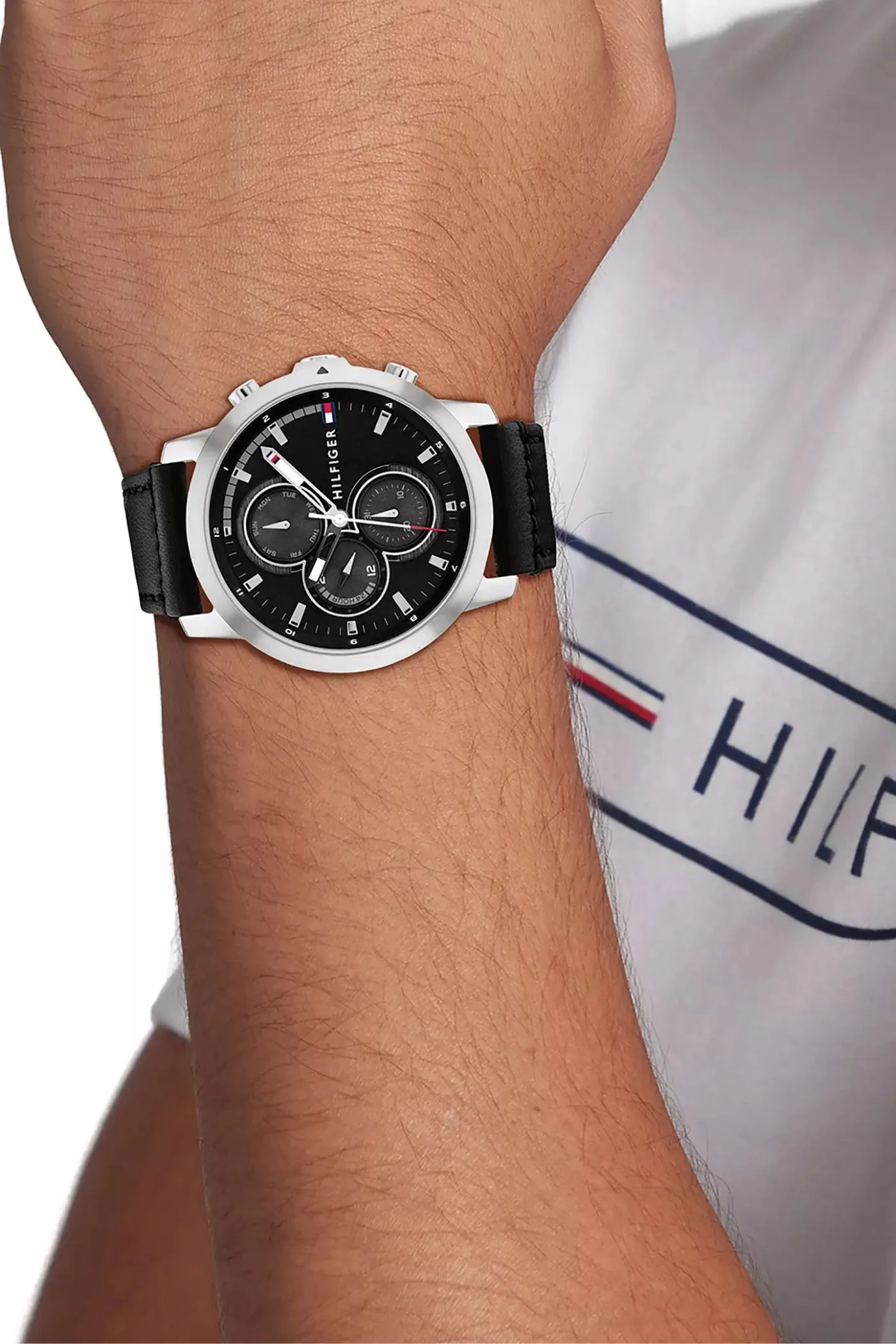 Jameson Mens Leather Strap Multifunction Black Dial Quartz Watch - Black - Image 2