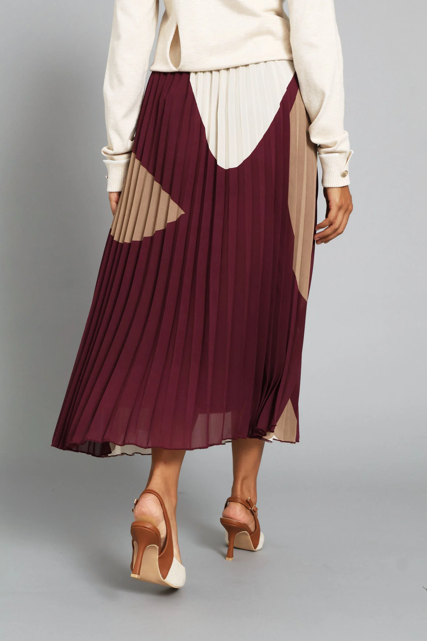 Jewel Chiffon Pleated Midi Skirt - Burgundy - Image 4