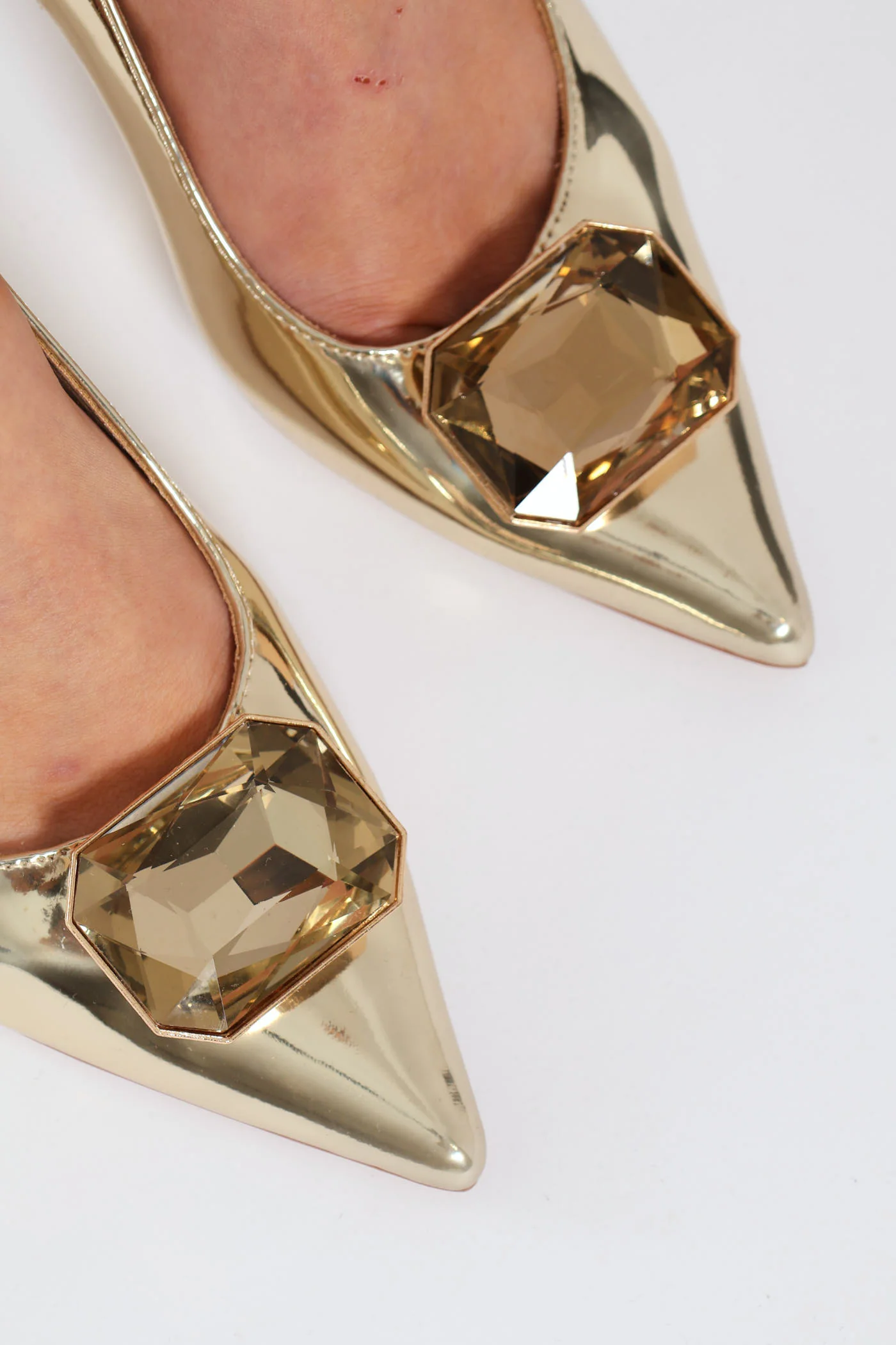 Jewel Trim Sling Back Stiletto Heel - Gold - Image 2